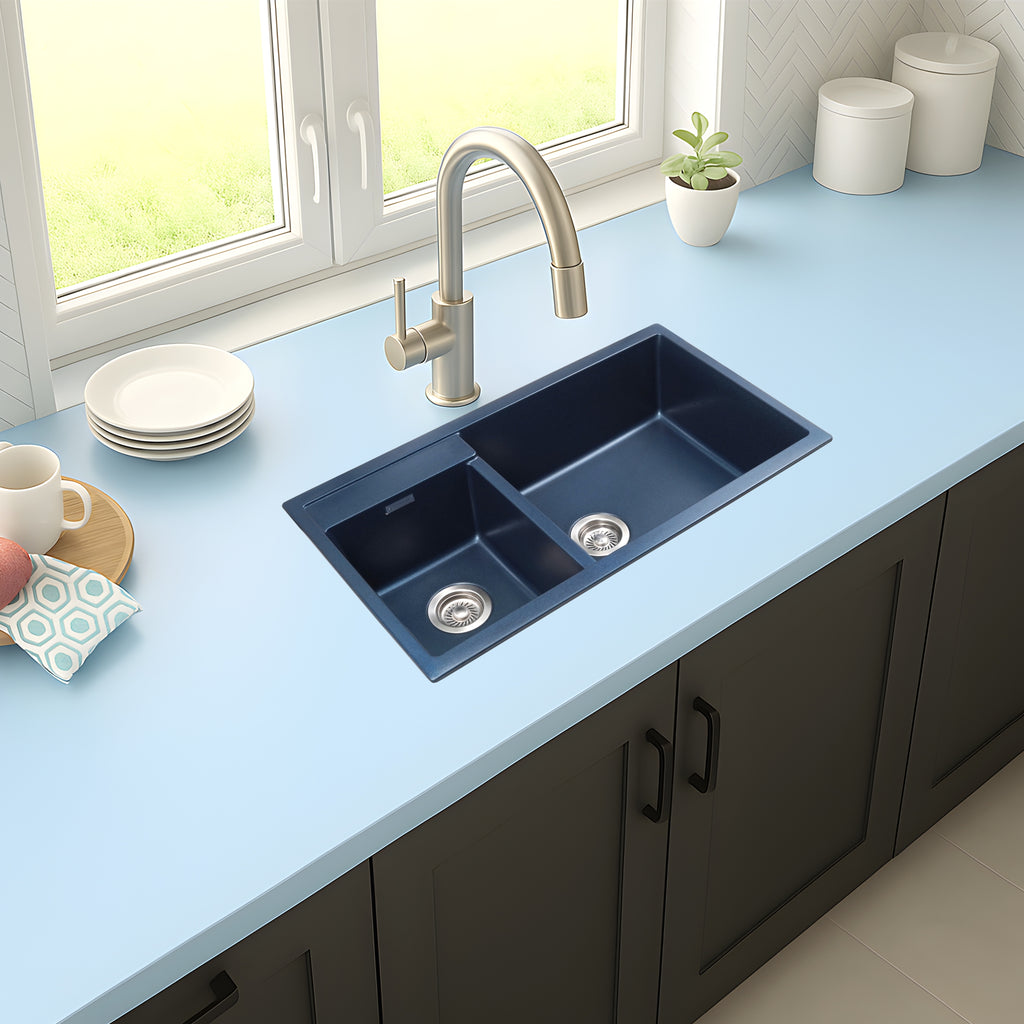 Asiatique Quartz Kitchen Sink D-201 (ALEX) | 34" x 20" | German Quartz Double Bowl | Top, Flush & Under Mount