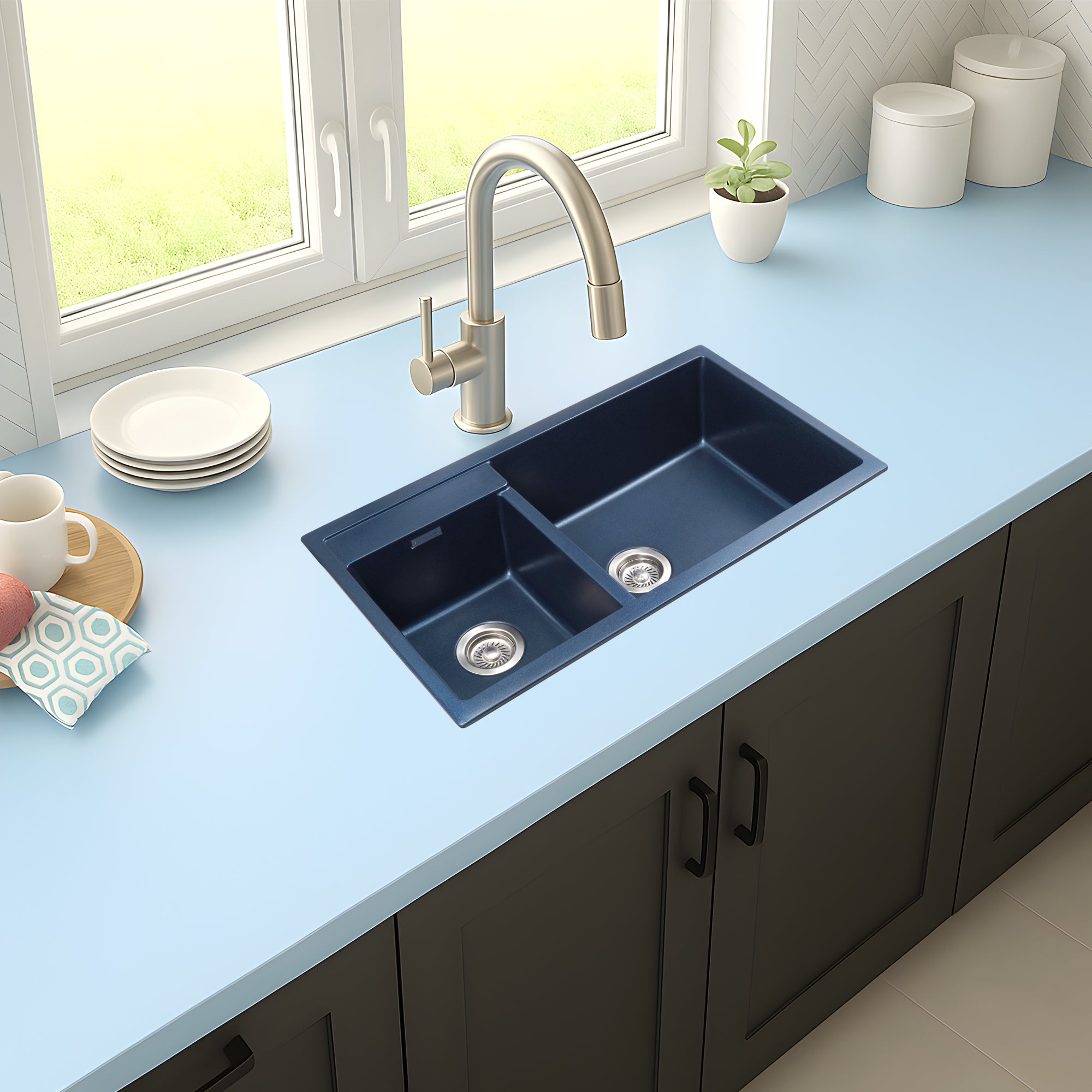 Asiatique Granite Kitchen Sink D-201 (ALEX) | 34" x 20" | German Quartz Double Bowl | Top, Flush & Under Mount