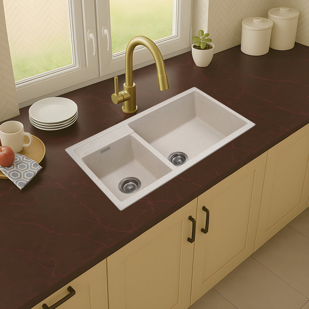 Asiatique Double Bowl Quartz Kitchen Sink (D201- ALEX), Granite Finish, 304 Grade SS coupling, Slop Drain, Noise Reduction Design | 34 x 20 x 8 inches