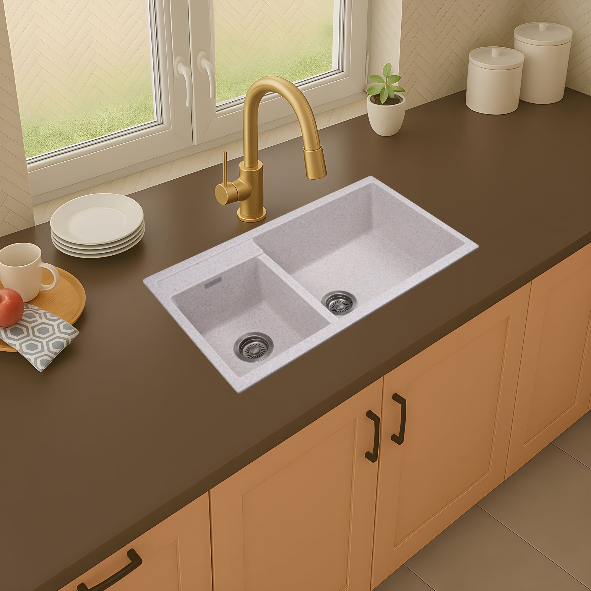 Asiatique Granite Kitchen Sink D-201 (ALEX) | 34" x 20" | German Quartz Double Bowl | Top, Flush & Under Mount