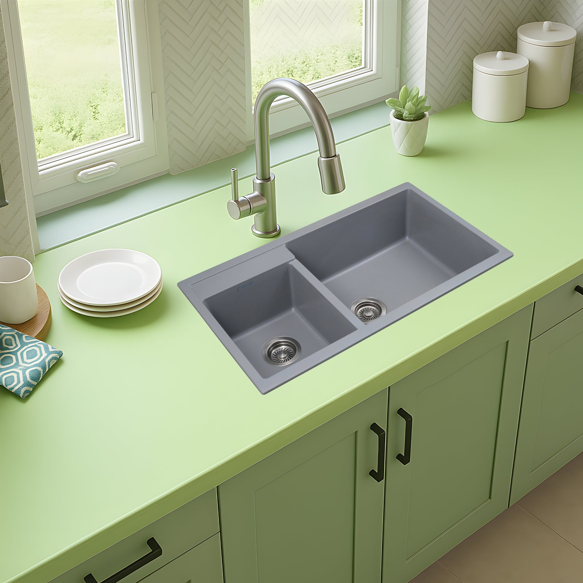 Asiatique Granite Kitchen Sink D-201 (ALEX) | 34" x 20" | German Quartz Double Bowl | Top, Flush & Under Mount