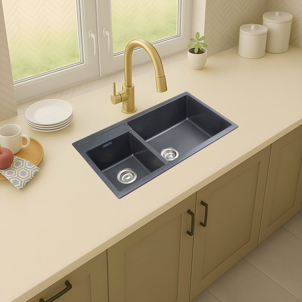 Asiatique Double Bowl Quartz Kitchen Sink (D201- ALEX), Granite Finish, 304 Grade SS coupling, Slop Drain, Noise Reduction Design | 34 x 20 x 8 inches