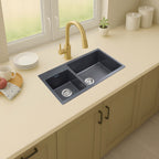 Asiatique Double Bowl Quartz Kitchen Sink (D201- ALEX), Granite Finish, 304 Grade SS coupling, Slop Drain, Noise Reduction Design | 34 x 20 x 8 inches