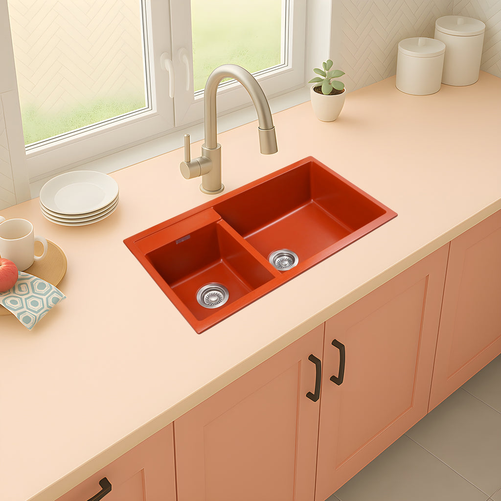 Asiatique Double Bowl Quartz Kitchen Sink (D201- ALEX), Granite Finish, 304 Grade SS coupling, Slop Drain, Noise Reduction Design | 34 x 20 x 8 inches