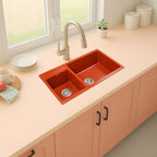 Asiatique Double Bowl Quartz Kitchen Sink (D201- ALEX), Granite Finish, 304 Grade SS coupling, Slop Drain, Noise Reduction Design | 34 x 20 x 8 inches