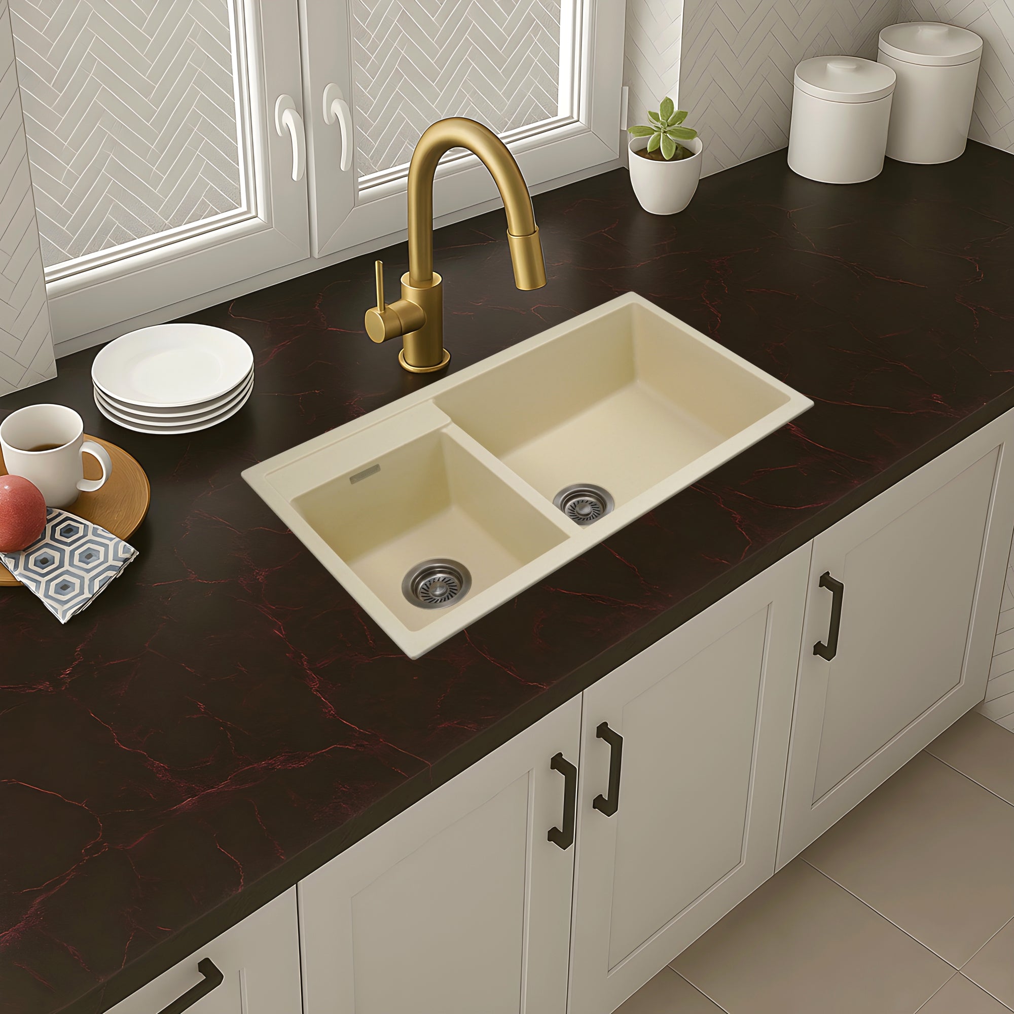 Asiatique Granite Kitchen Sink D-201 (ALEX) | 34" x 20" | German Quartz Double Bowl | Top, Flush & Under Mount