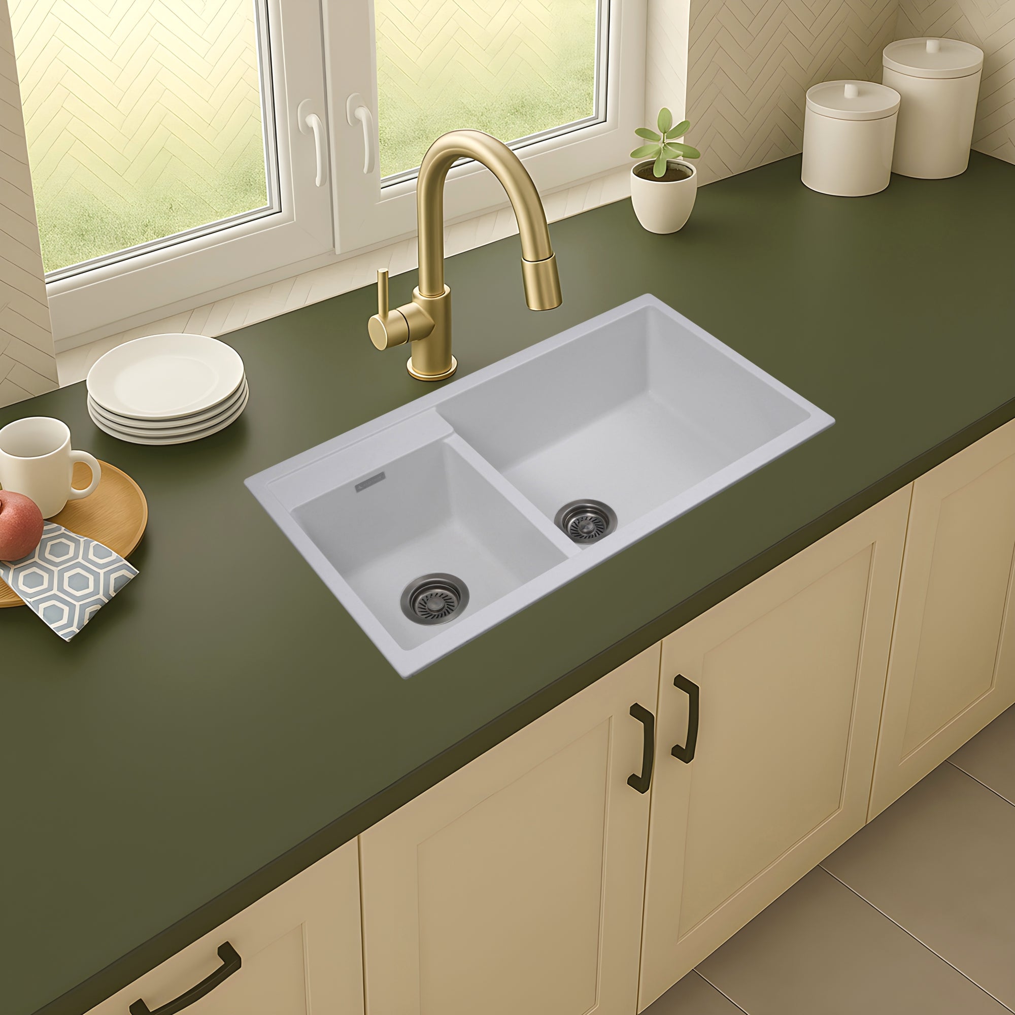 Asiatique Granite Kitchen Sink D-201 (ALEX) | 34" x 20" | German Quartz Double Bowl | Top, Flush & Under Mount
