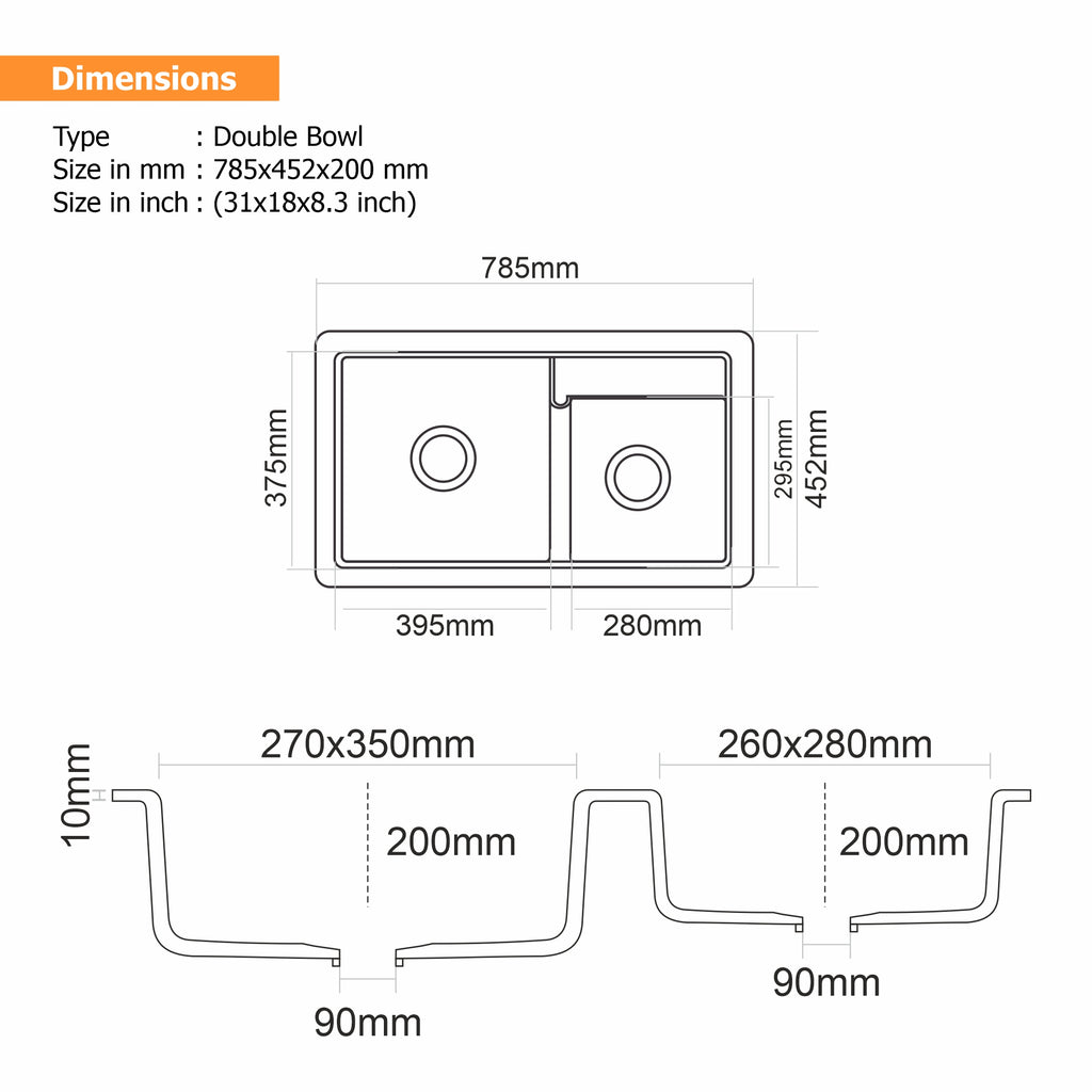 Asiatique Granite Kitchen Sink D-202 (VIENNA) | 31" x 18" | German Quartz [Single/Double] Bowl | Top, Flush & Under Mount