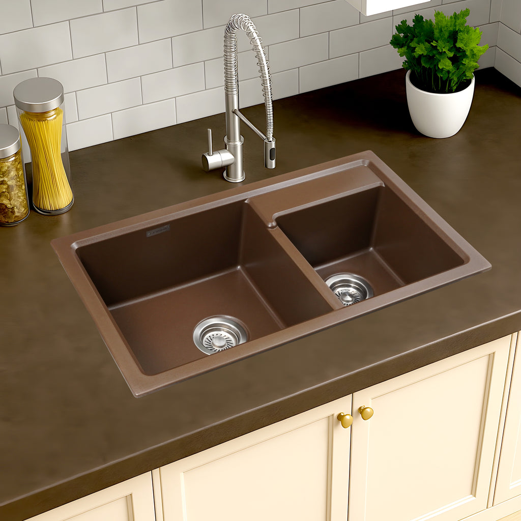 Asiatique Double Bowl Quartz Kitchen Sink (D202- VIENNA), Granite Finish, 304 Grade SS coupling, Slop Drain, Noise Reduction Design | 31 x 18 x 8 inches