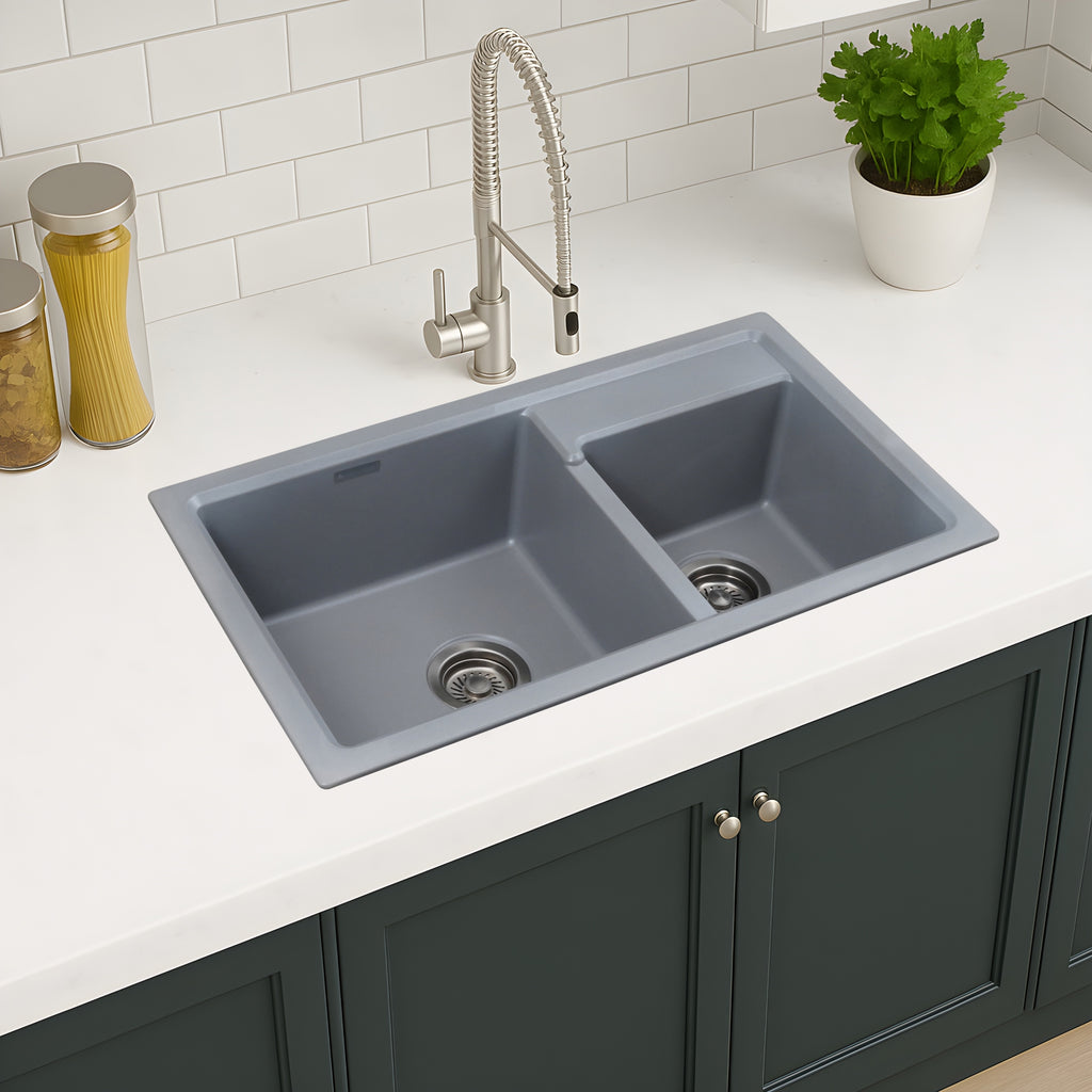 Asiatique Double Bowl Quartz Kitchen Sink (D202- VIENNA), Granite Finish, 304 Grade SS coupling, Slop Drain, Noise Reduction Design | 31 x 18 x 8 inches
