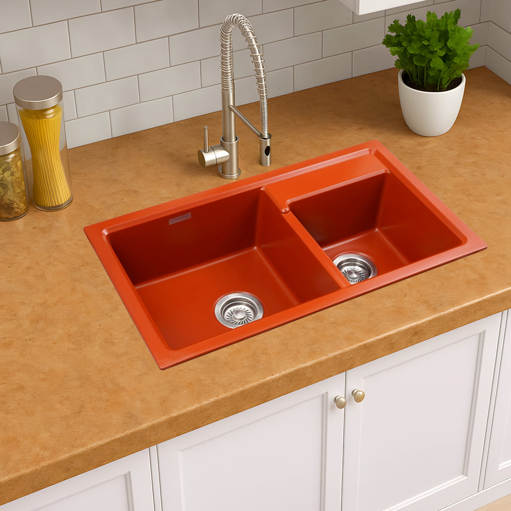Asiatique Double Bowl Quartz Kitchen Sink (D202- VIENNA), Granite Finish, 304 Grade SS coupling, Slop Drain, Noise Reduction Design | 31 x 18 x 8 inches