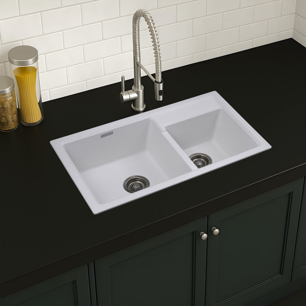 Asiatique Double Bowl Quartz Kitchen Sink (D202- VIENNA), Granite Finish, 304 Grade SS coupling, Slop Drain, Noise Reduction Design | 31 x 18 x 8 inches