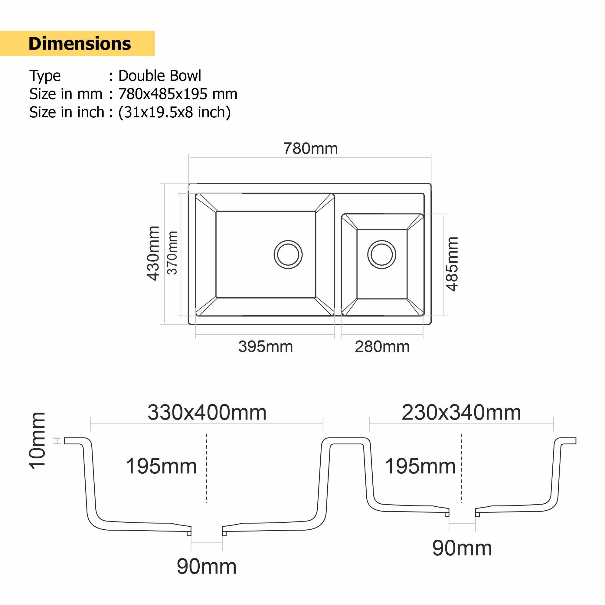 Asiatique Vision D-203 Quartz Kitchen Sink – Double Bowl | 780×485×195 mm