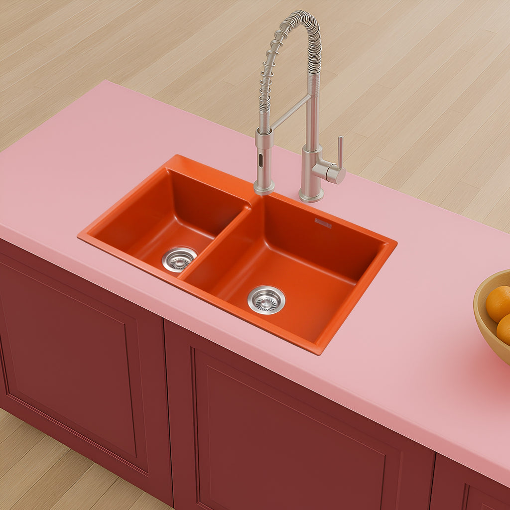 Asiatique Double Bowl Quartz Kitchen Sink (D203- VISION), Granite Finish, 304 Grade SS coupling, Slop Drain, Noise Reduction Design | 31 x 19 x 8 inches