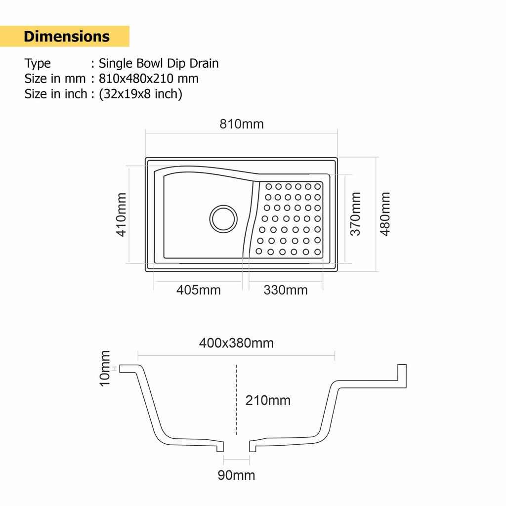 Asiatique METRA – D-301 Single Bowl Dip Drain Granite Kitchen Sink (810×480×210 mm)