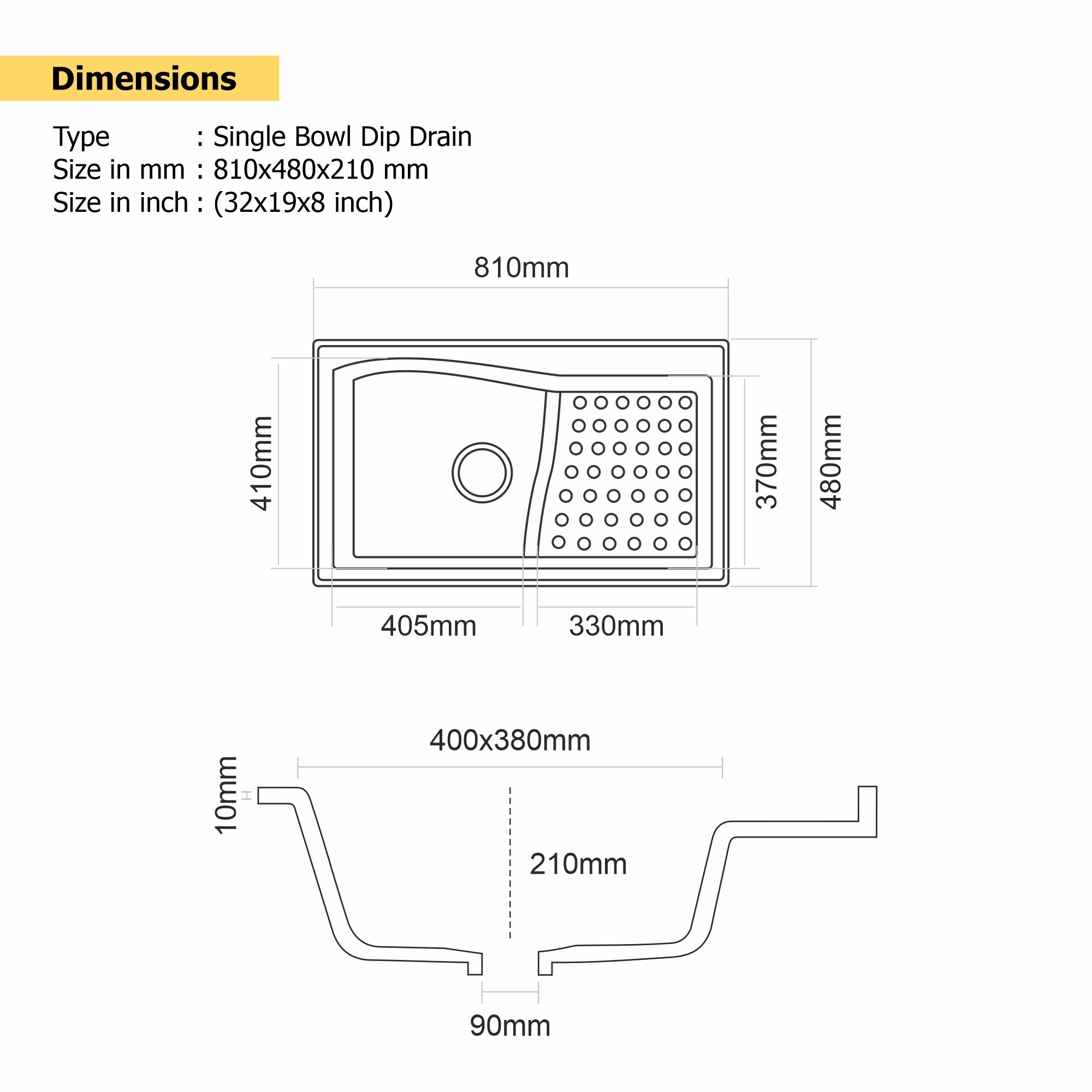 Asiatique METRA – D-301 Single Bowl Dip Drain Granite Kitchen Sink (810×480×210 mm)
