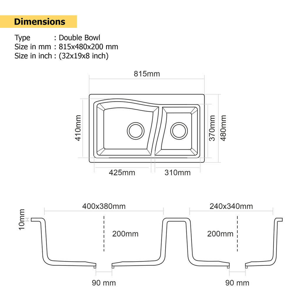 Asiatique Quartz Kitchen Sink D-302 (DIAMOND) | 32" X 19" | German Quartz Double Bowl | Top, Flush & Under Mount