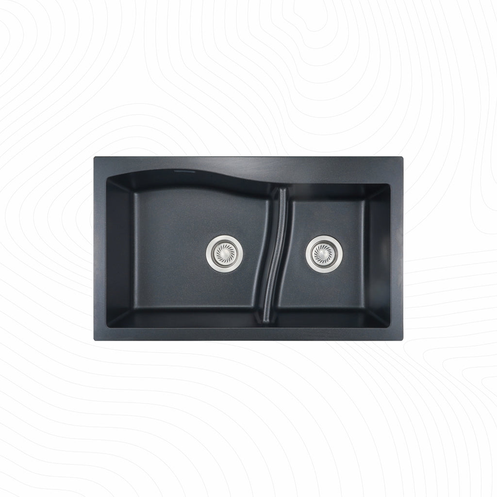 Asiatique Double Bowl Quartz Kitchen Sink (D302 - DIAMOND), Granite Finish, 304 Grade SS coupling, Slop Drain, Noise Reduction Design | 32 x 19 x 8 inches