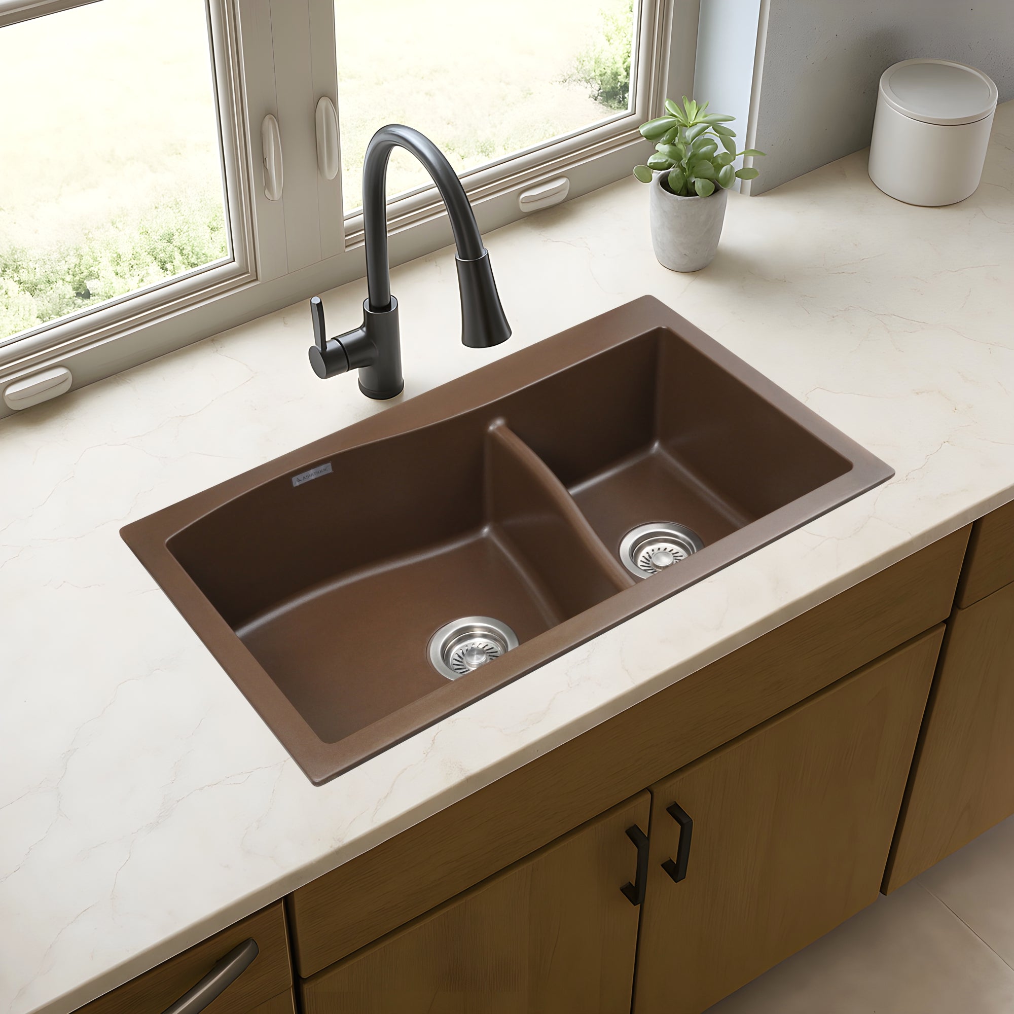 Asiatique Quartz Kitchen Sink D-302 (DIAMOND) | 32" X 19" | German Quartz Double Bowl | Top, Flush & Under Mount