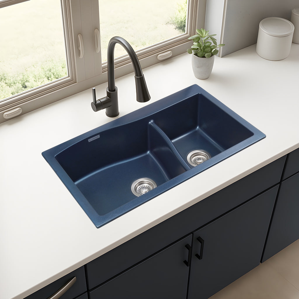 Asiatique Quartz Kitchen Sink D-302 (DIAMOND) | 32" X 19" | German Quartz Double Bowl | Top, Flush & Under Mount