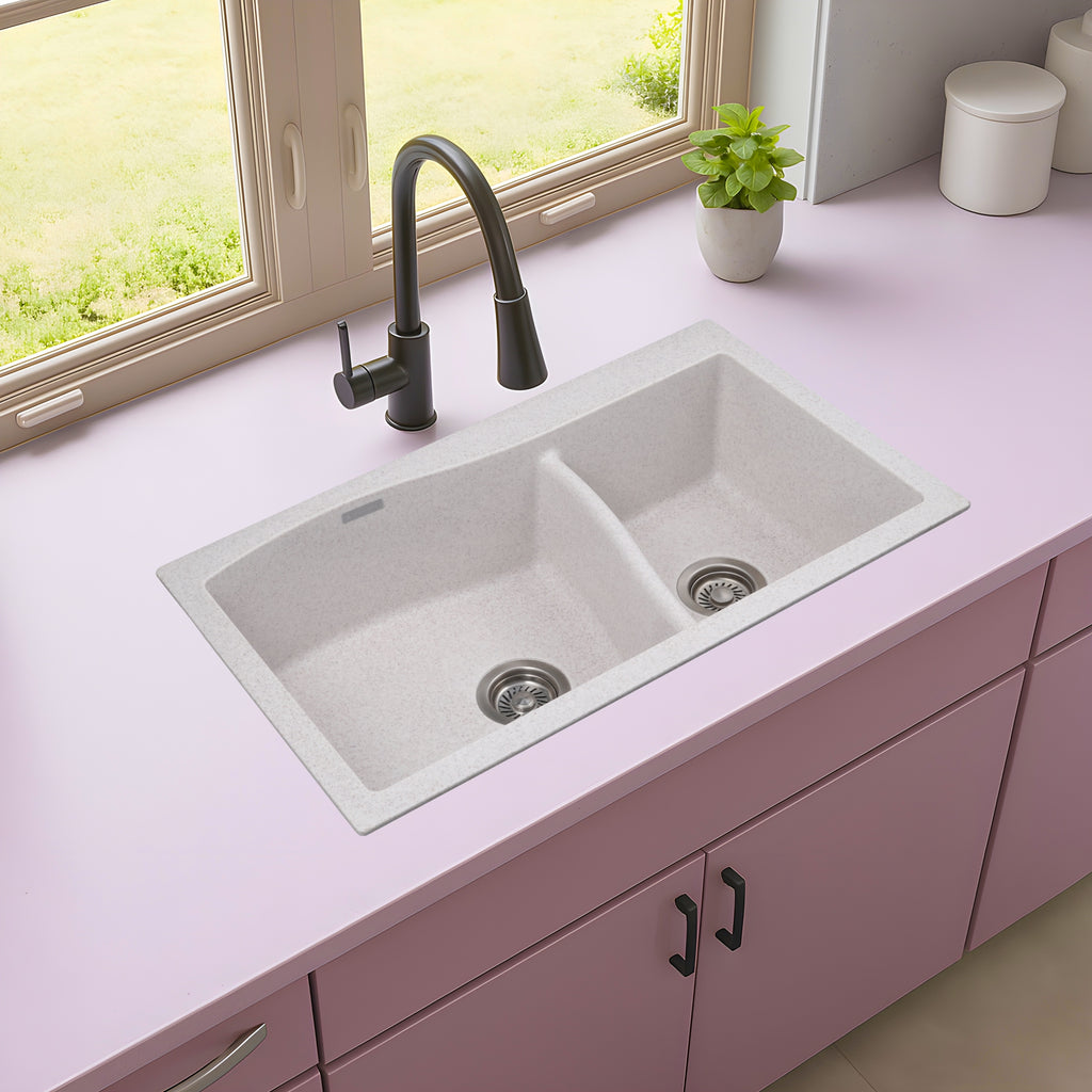 Asiatique Double Bowl Quartz Kitchen Sink (D302 - DIAMOND), Granite Finish, 304 Grade SS coupling, Slop Drain, Noise Reduction Design | 32 x 19 x 8 inches