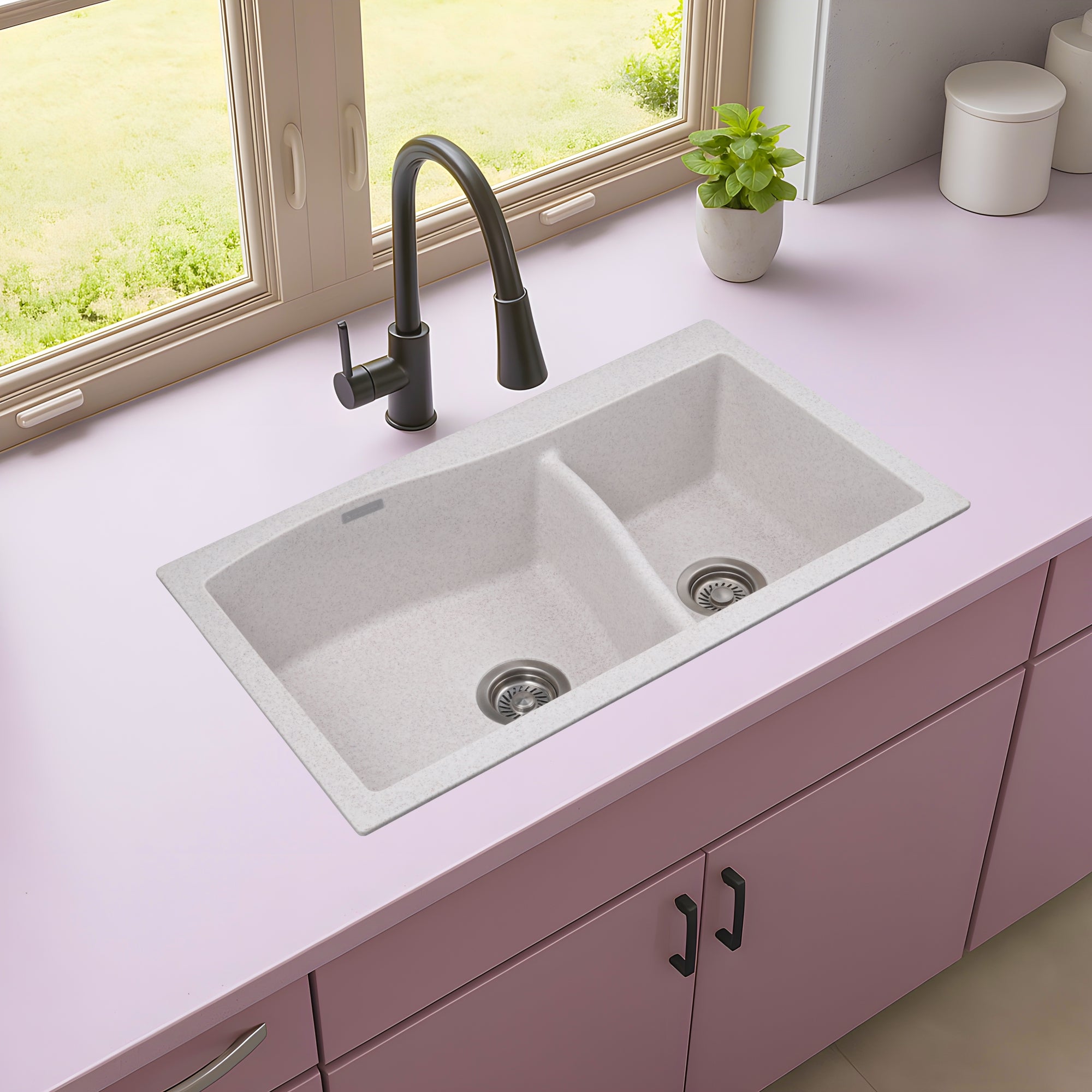 Asiatique Quartz Kitchen Sink D-302 (DIAMOND) | 32" X 19" | German Quartz Double Bowl | Top, Flush & Under Mount