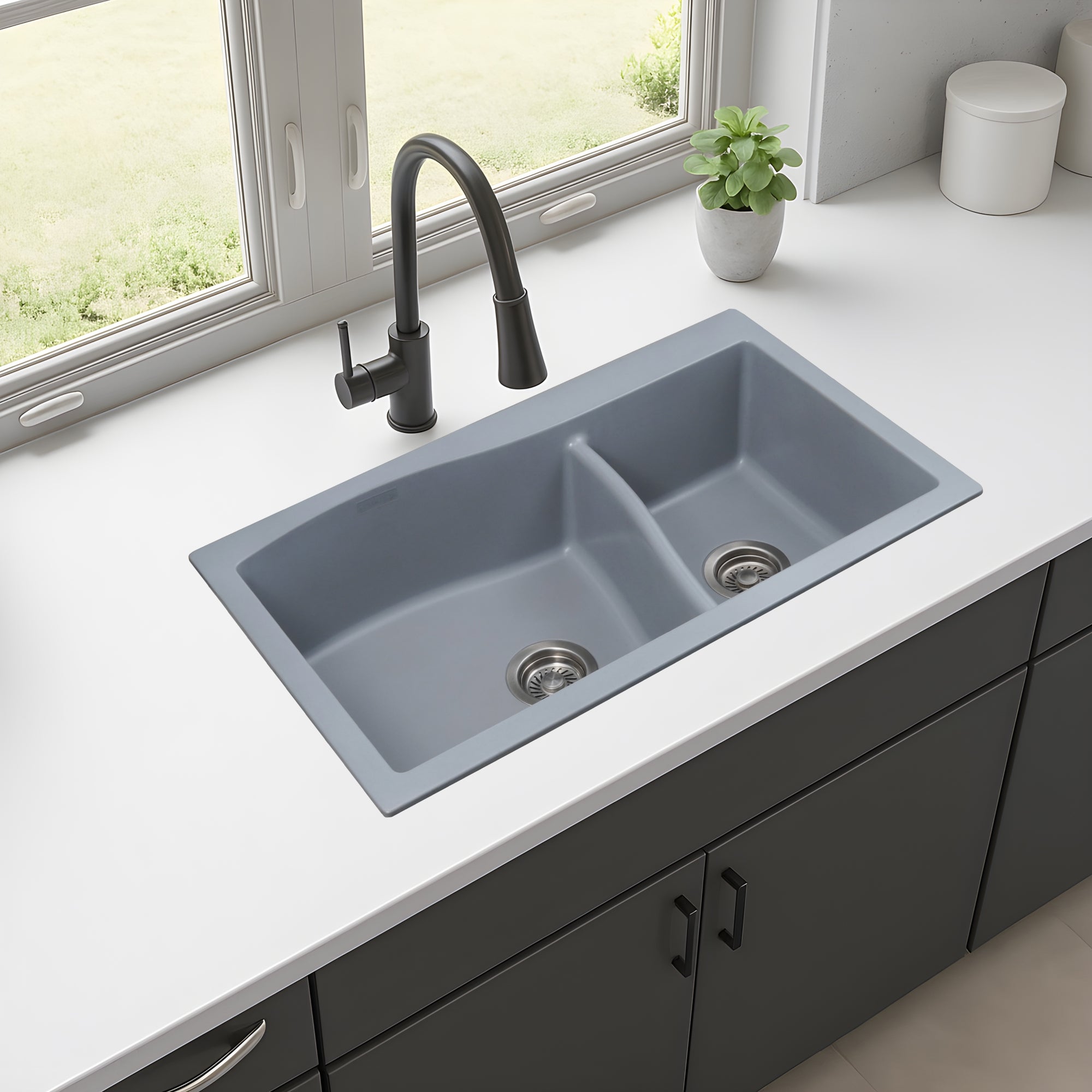 Asiatique Quartz Kitchen Sink D-302 (DIAMOND) | 32" X 19" | German Quartz Double Bowl | Top, Flush & Under Mount