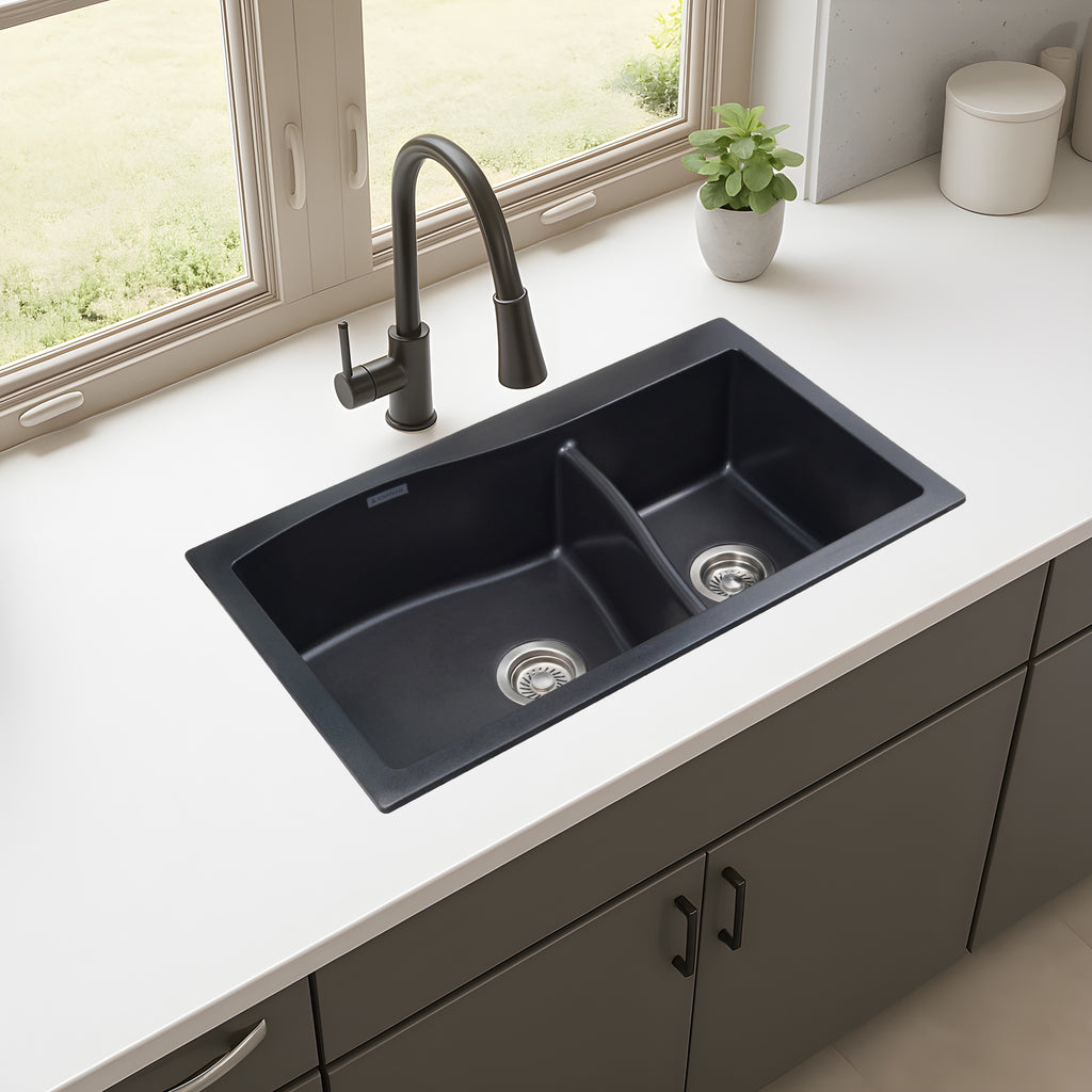 Asiatique Double Bowl Quartz Kitchen Sink (D302 - DIAMOND), Granite Finish, 304 Grade SS coupling, Slop Drain, Noise Reduction Design | 32 x 19 x 8 inches