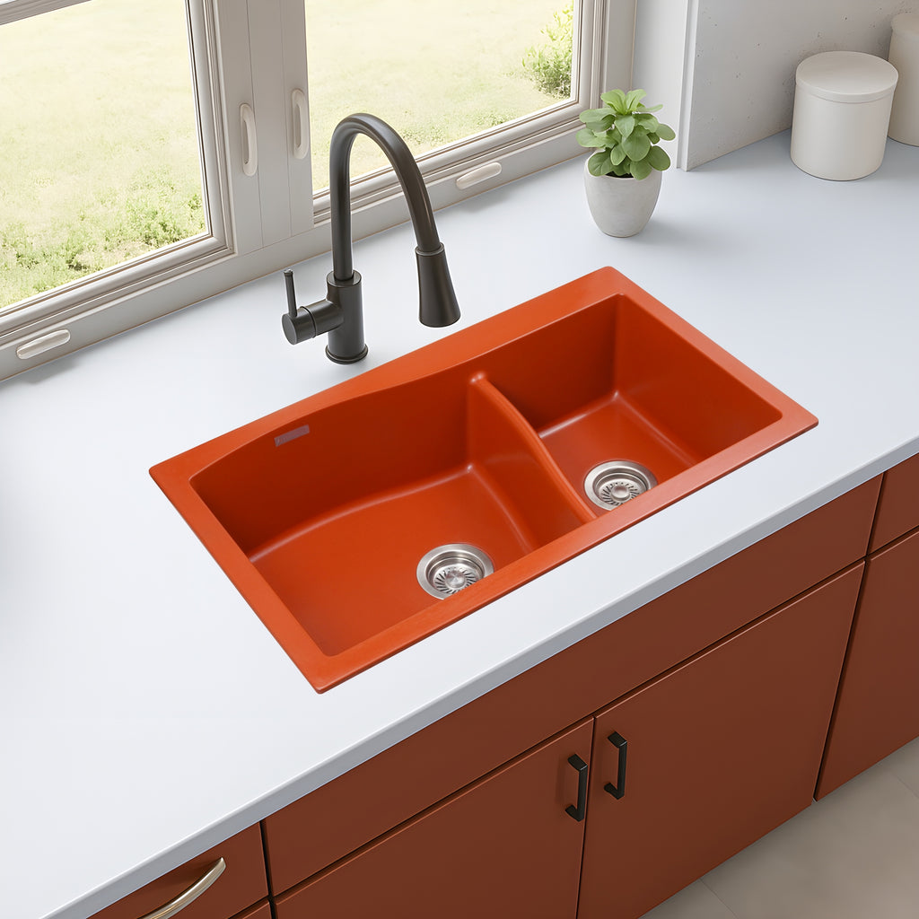 Asiatique Double Bowl Quartz Kitchen Sink (D302 - DIAMOND), Granite Finish, 304 Grade SS coupling, Slop Drain, Noise Reduction Design | 32 x 19 x 8 inches