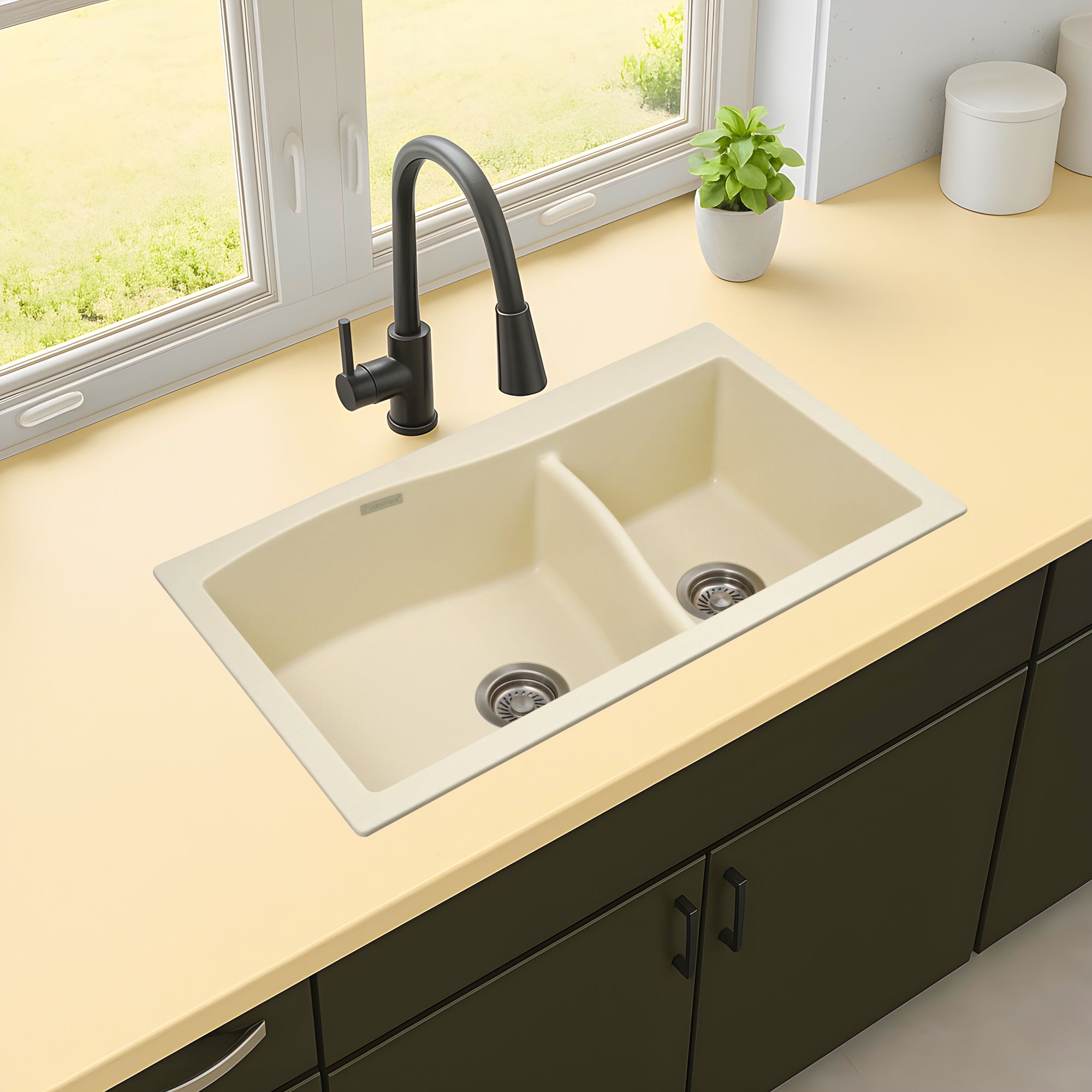 Asiatique Quartz Kitchen Sink D-302 (DIAMOND) | 32" X 19" | German Quartz Double Bowl | Top, Flush & Under Mount