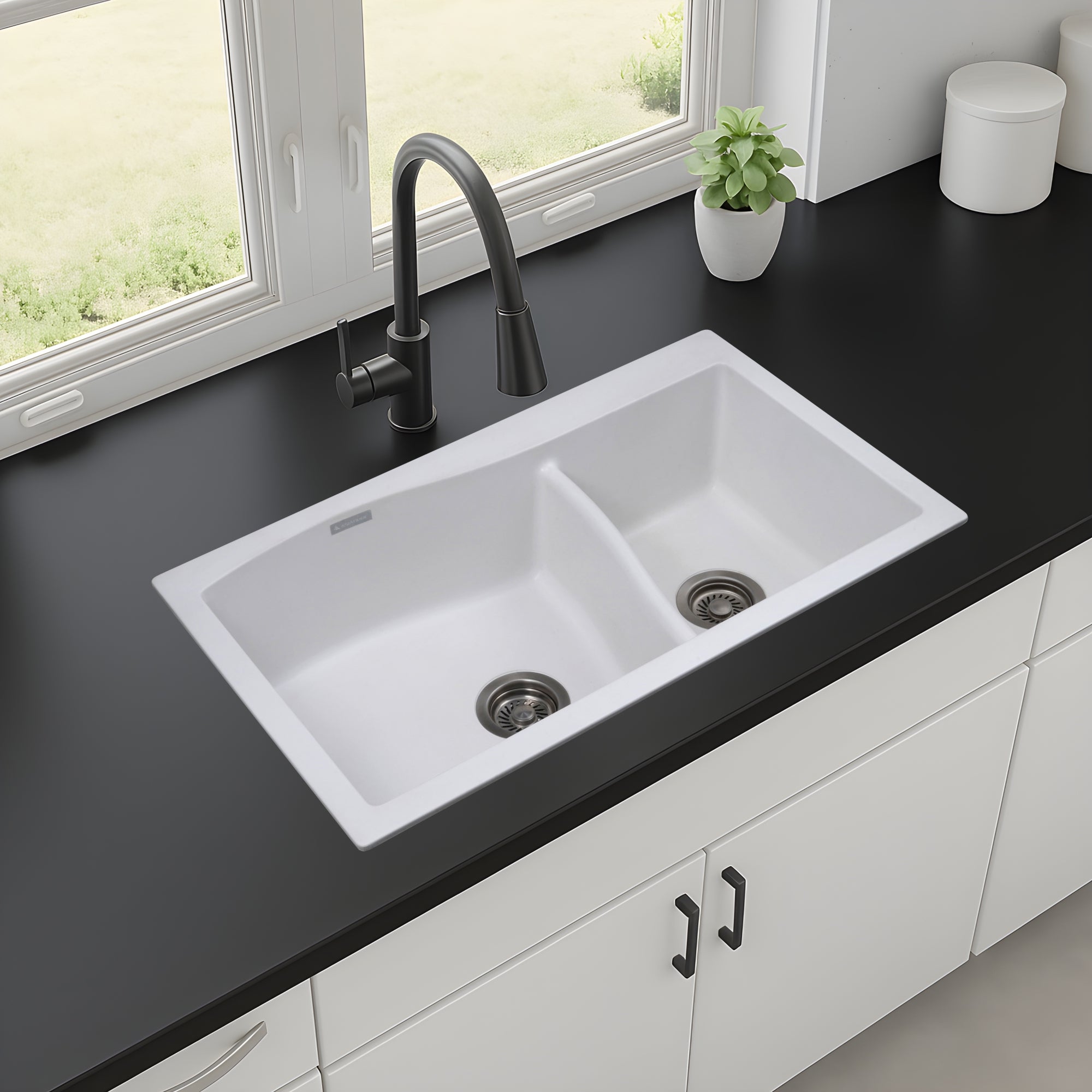 Asiatique Quartz Kitchen Sink D-302 (DIAMOND) | 32" X 19" | German Quartz Double Bowl | Top, Flush & Under Mount