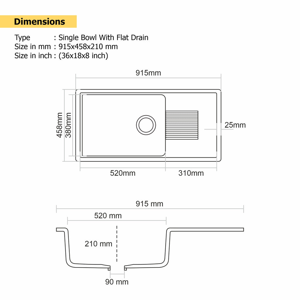 Asiatique Quartz Kitchen Sink D–303 (NEXA) | 36" x 18" | German Quartz Single Bowl with Flat Drain | Top, Flush & Under Mount