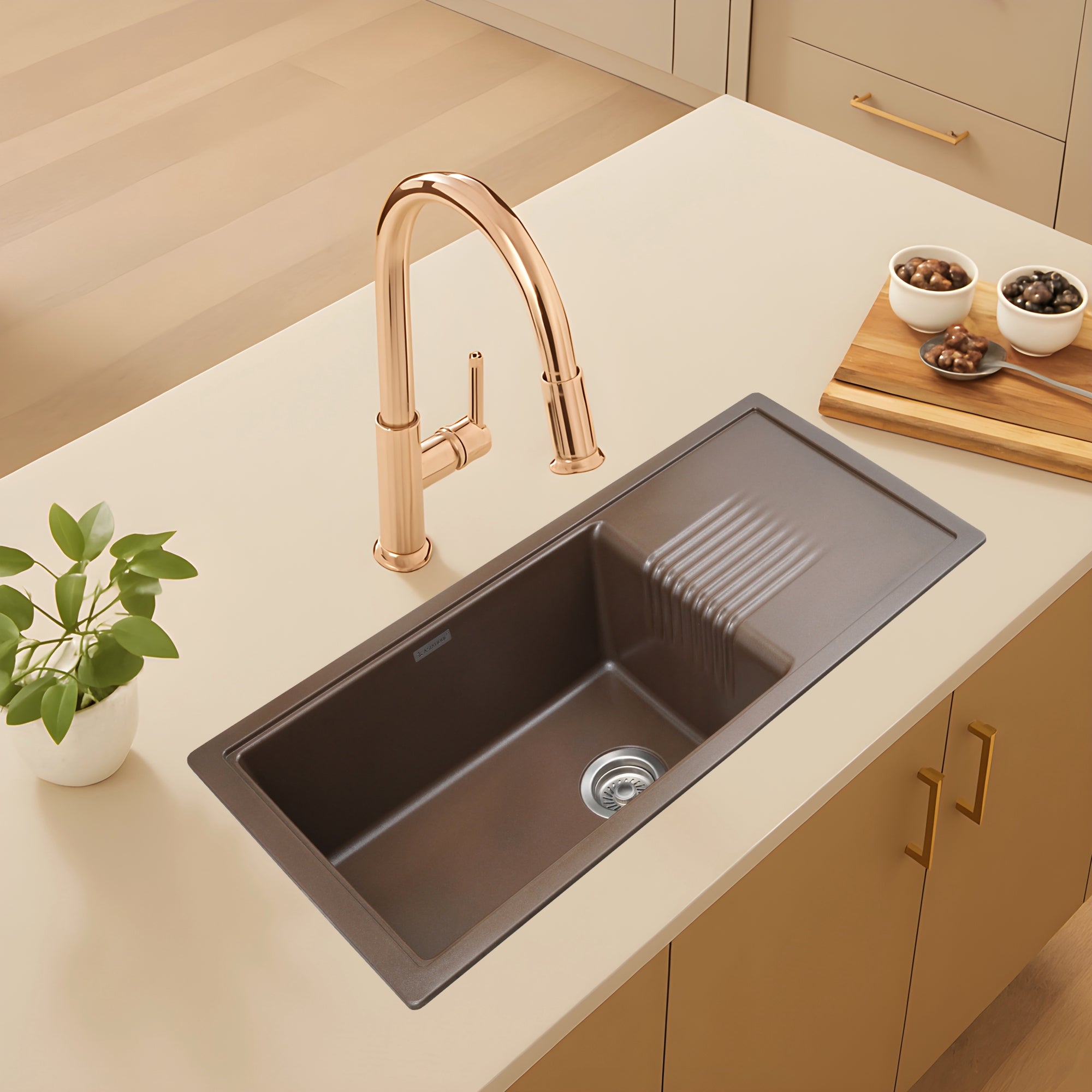 Asiatique Quartz Kitchen Sink D–303 (NEXA) | 36" x 18" | German Quartz Single Bowl with Flat Drain | Top, Flush & Under Mount