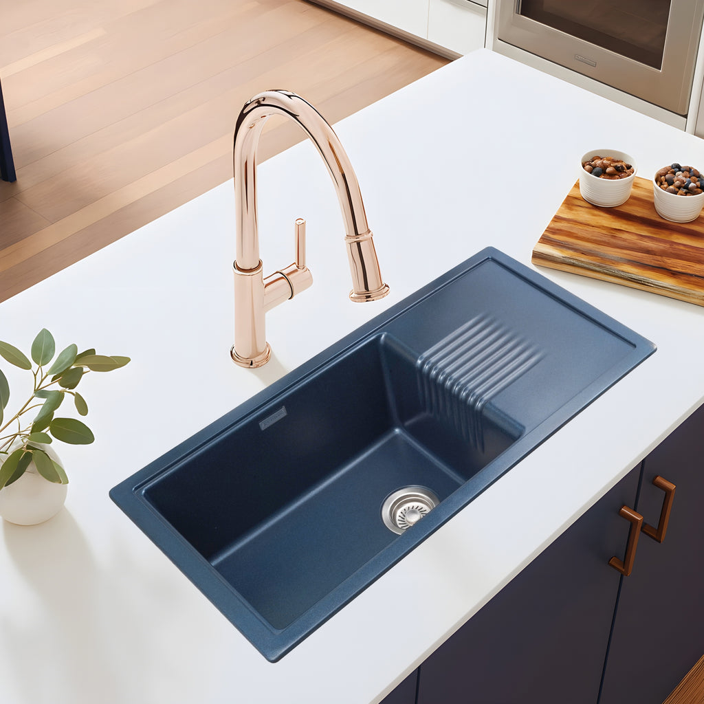 Asiatique Single Bowl with Drain Quartz Kitchen Sink (D303 - NEXA), Granite Finish, 304 Grade SS coupling, Slop Drain, Noise Reduction Design | 36 x 18 x 8 inches