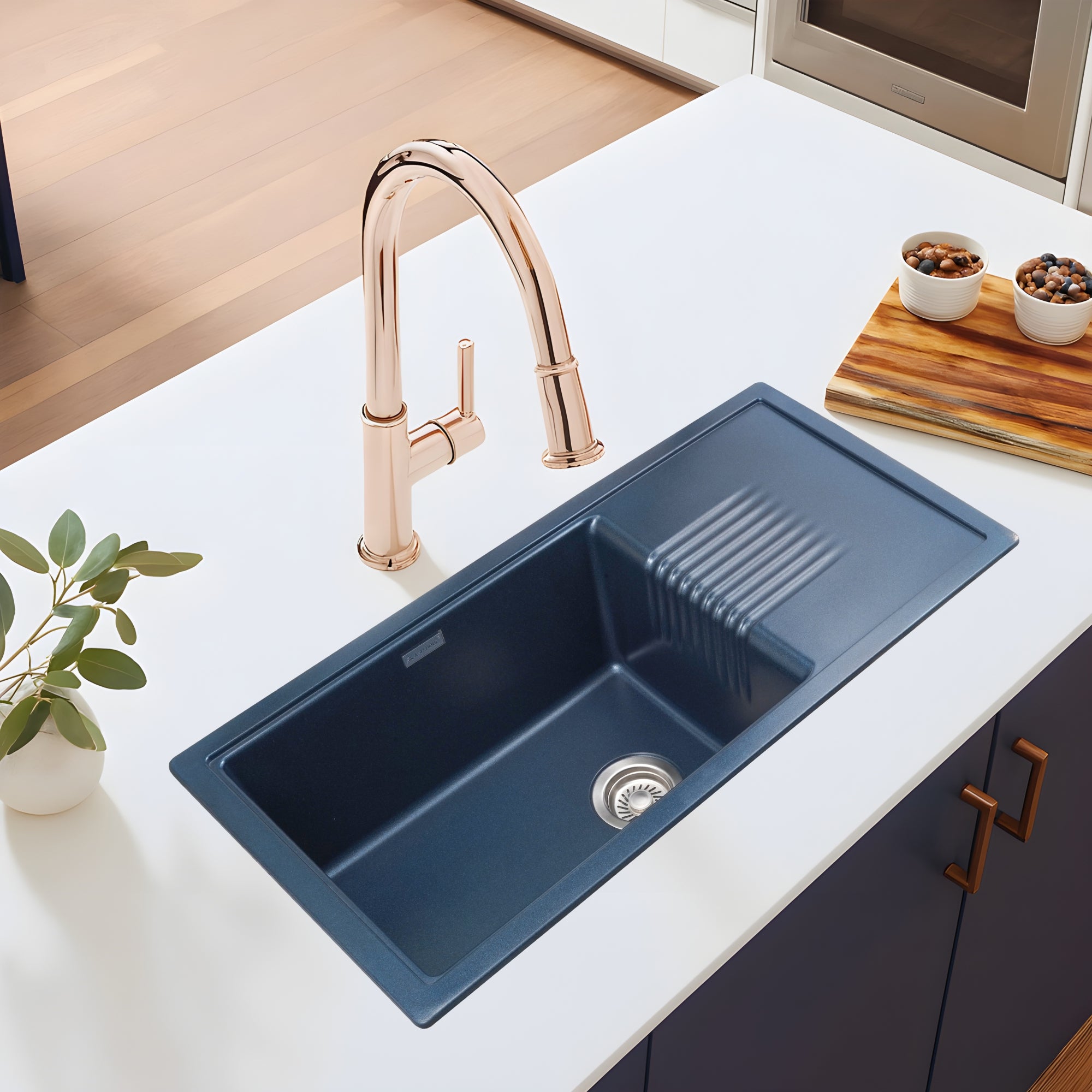 Asiatique Quartz Kitchen Sink D–303 (NEXA) | 36" x 18" | German Quartz Single Bowl with Flat Drain | Top, Flush & Under Mount
