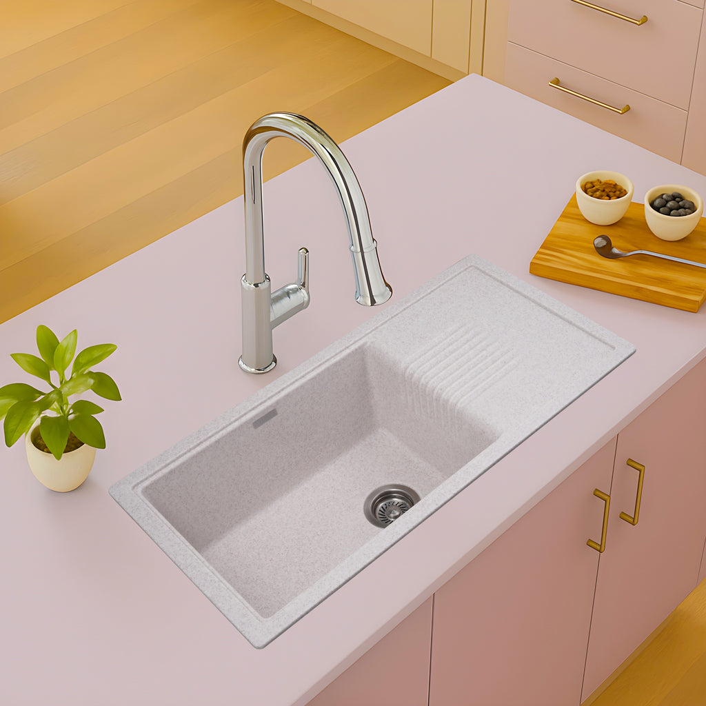 Asiatique Single Bowl with Drain Quartz Kitchen Sink (D303 - NEXA), Granite Finish, 304 Grade SS coupling, Slop Drain, Noise Reduction Design | 36 x 18 x 8 inches