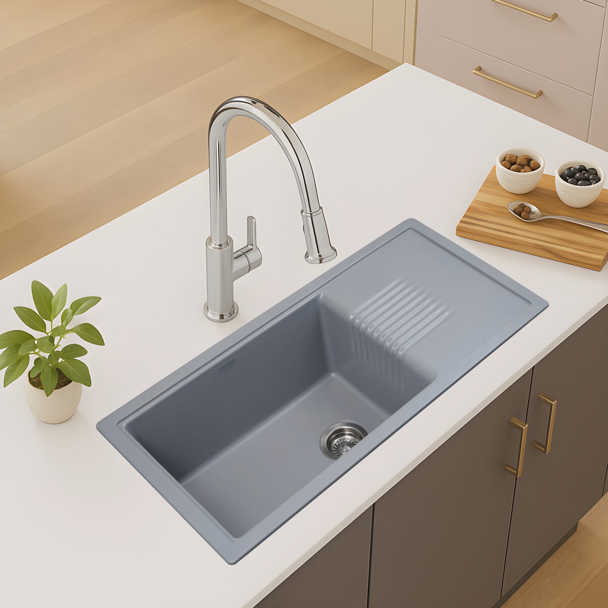 Asiatique Quartz Kitchen Sink D–303 (NEXA) | 36" x 18" | German Quartz Single Bowl with Flat Drain | Top, Flush & Under Mount