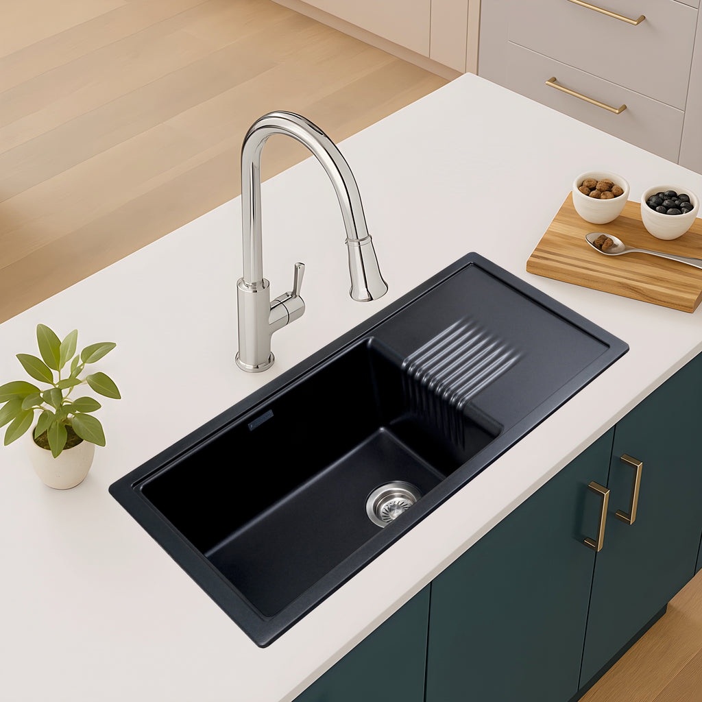 Asiatique Single Bowl with Drain Quartz Kitchen Sink (D303 - NEXA), Granite Finish, 304 Grade SS coupling, Slop Drain, Noise Reduction Design | 36 x 18 x 8 inches