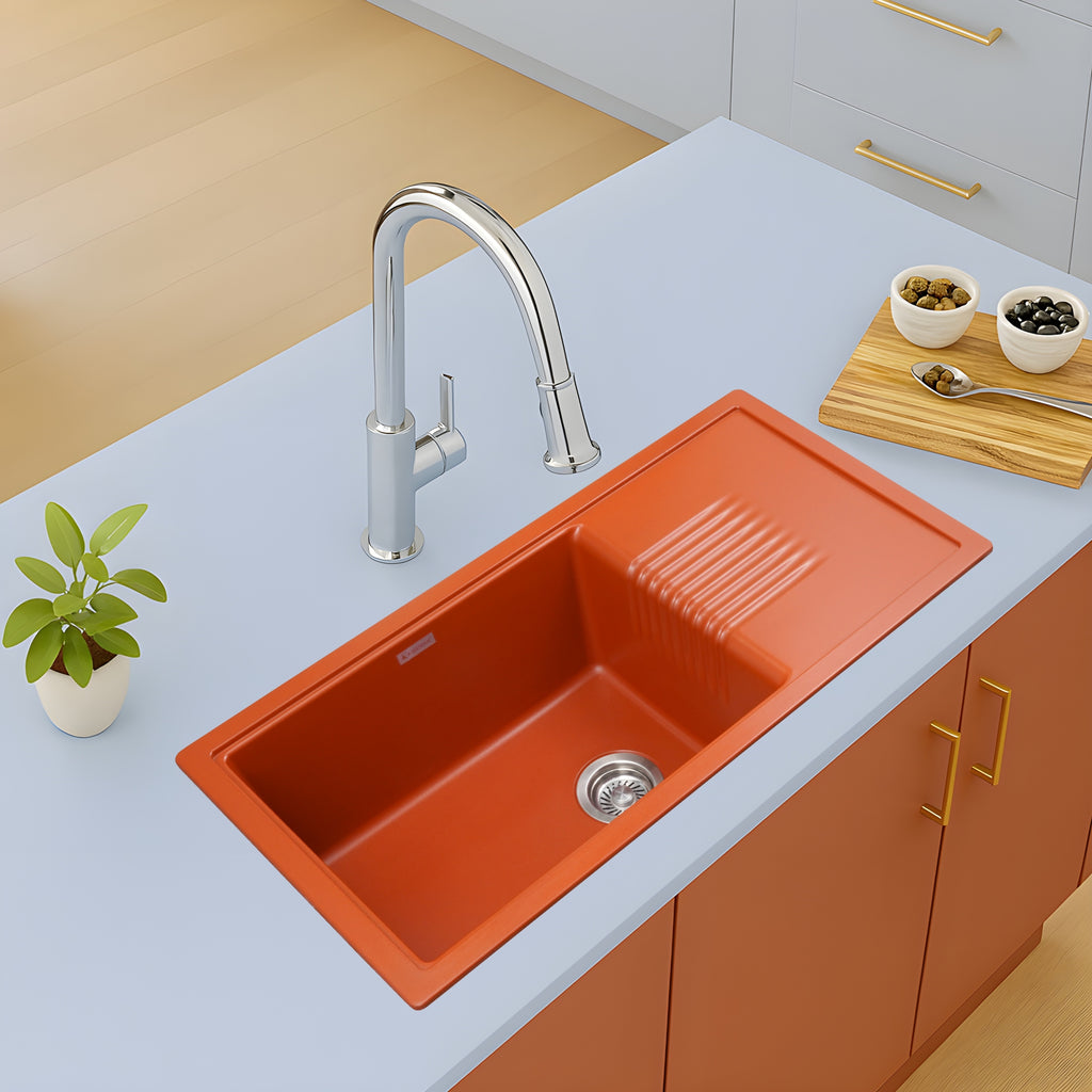 Asiatique Single Bowl with Drain Quartz Kitchen Sink (D303 - NEXA), Granite Finish, 304 Grade SS coupling, Slop Drain, Noise Reduction Design | 36 x 18 x 8 inches