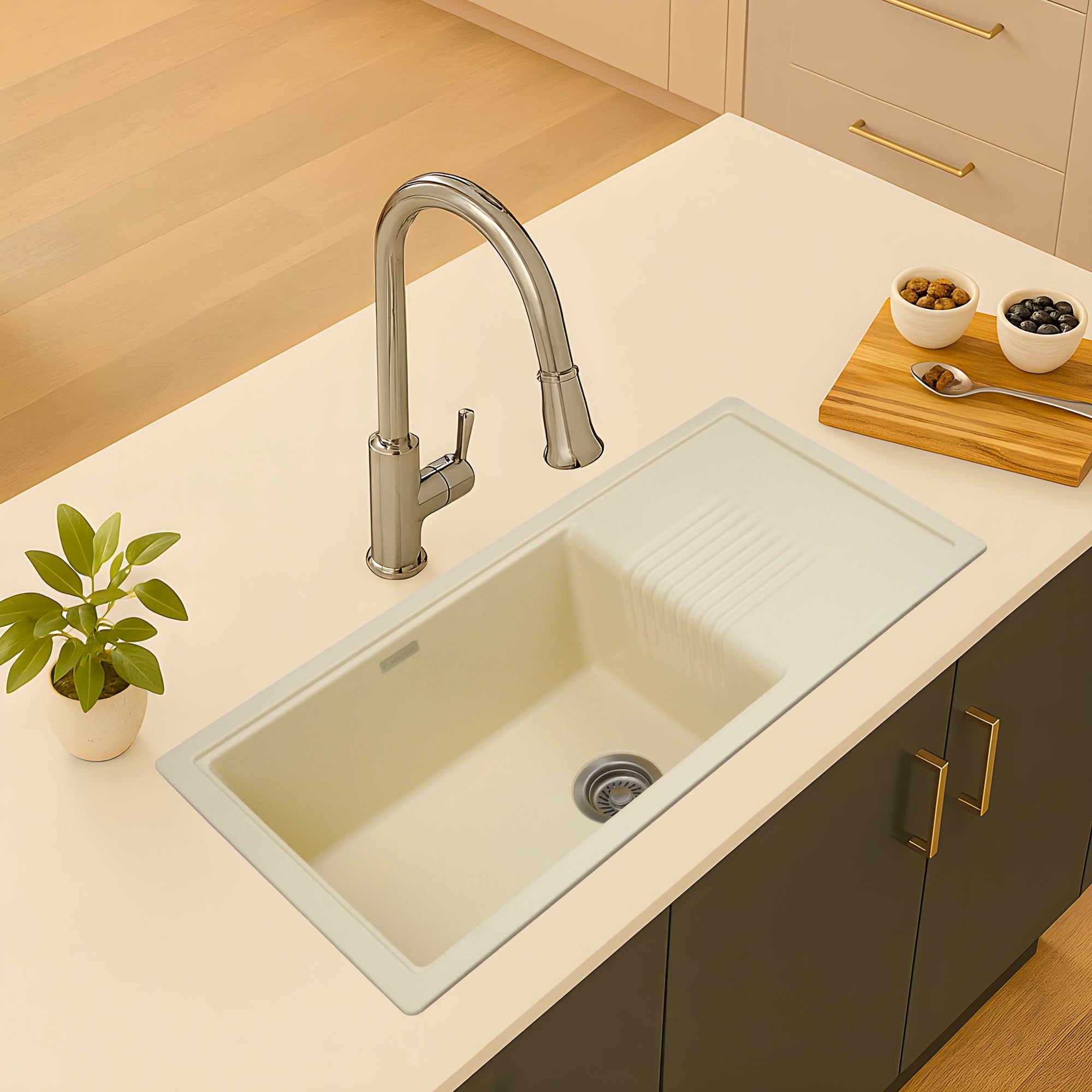 Asiatique Quartz Kitchen Sink D–303 (NEXA) | 36" x 18" | German Quartz Single Bowl with Flat Drain | Top, Flush & Under Mount