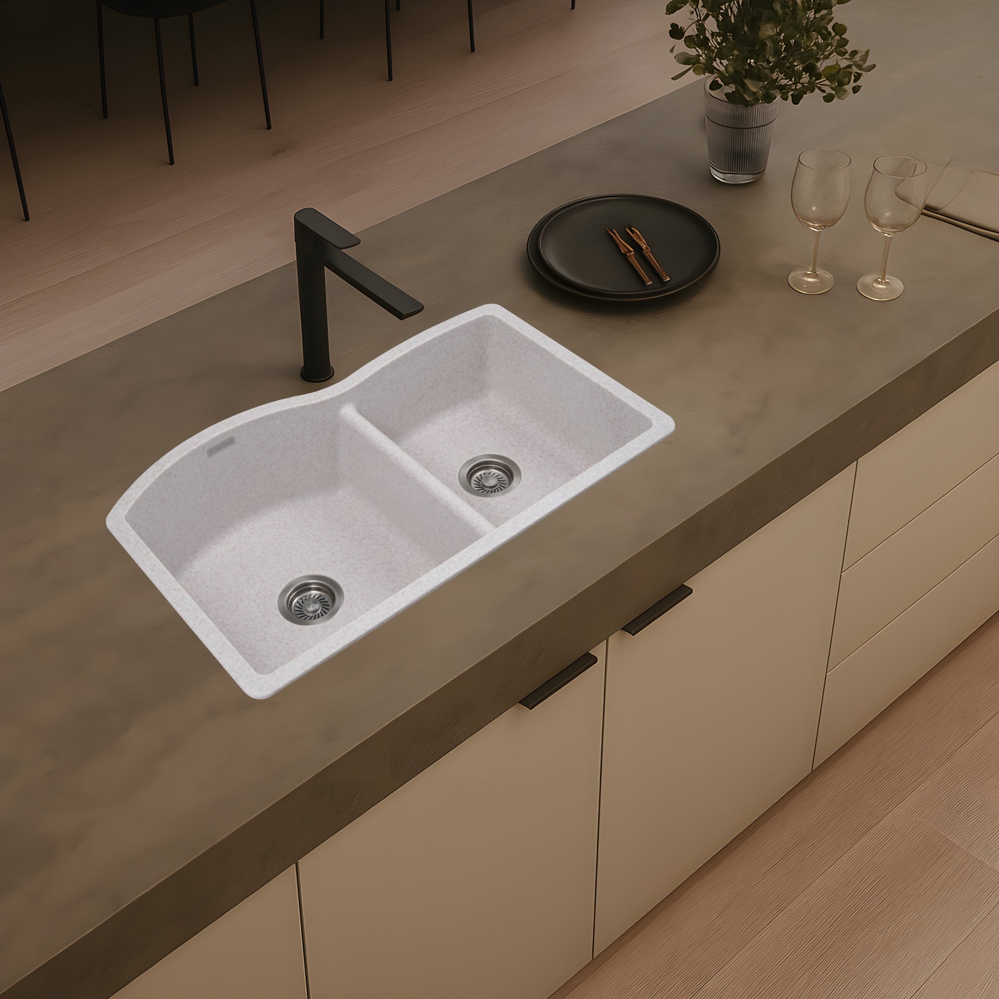 Asiatique Quartz Kitchen Sink D–401 (IMPERIAL) | 33" x 21.5" | German Quartz Single Bowl with Flat Drain | Top, Flush & Under Mount