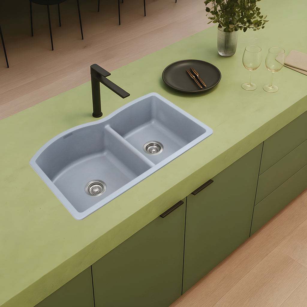 Asiatique Double Bowl Quartz Kitchen Sink (D401 - IMPERIAL), Granite Finish, 304 Grade SS coupling, Slop Drain, Noise Reduction Design | 33 x 21.5 x 9 inches