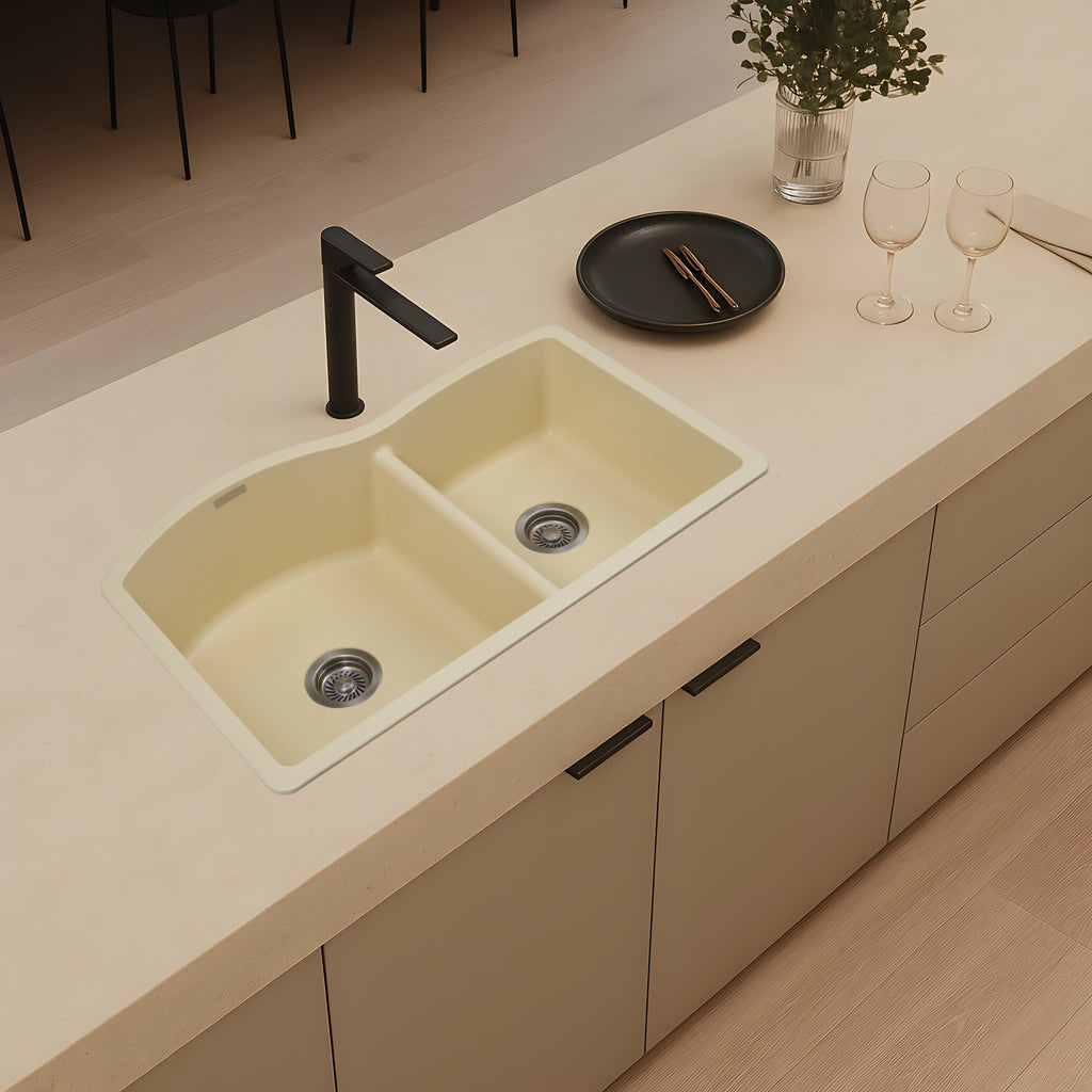 Asiatique Double Bowl Quartz Kitchen Sink (D401 - IMPERIAL), Granite Finish, 304 Grade SS coupling, Slop Drain, Noise Reduction Design | 33 x 21.5 x 9 inches