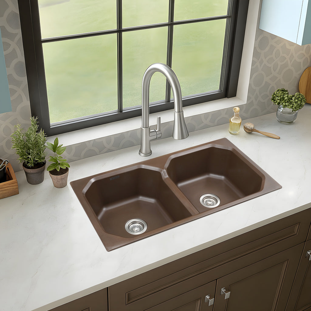 Asiatique Double Bowl Quartz Kitchen Sink (D402 - CARNIVAL), Granite Finish, 304 Grade SS coupling, Slop Drain, Noise Reduction Design | 37 x 20 x 8 inches