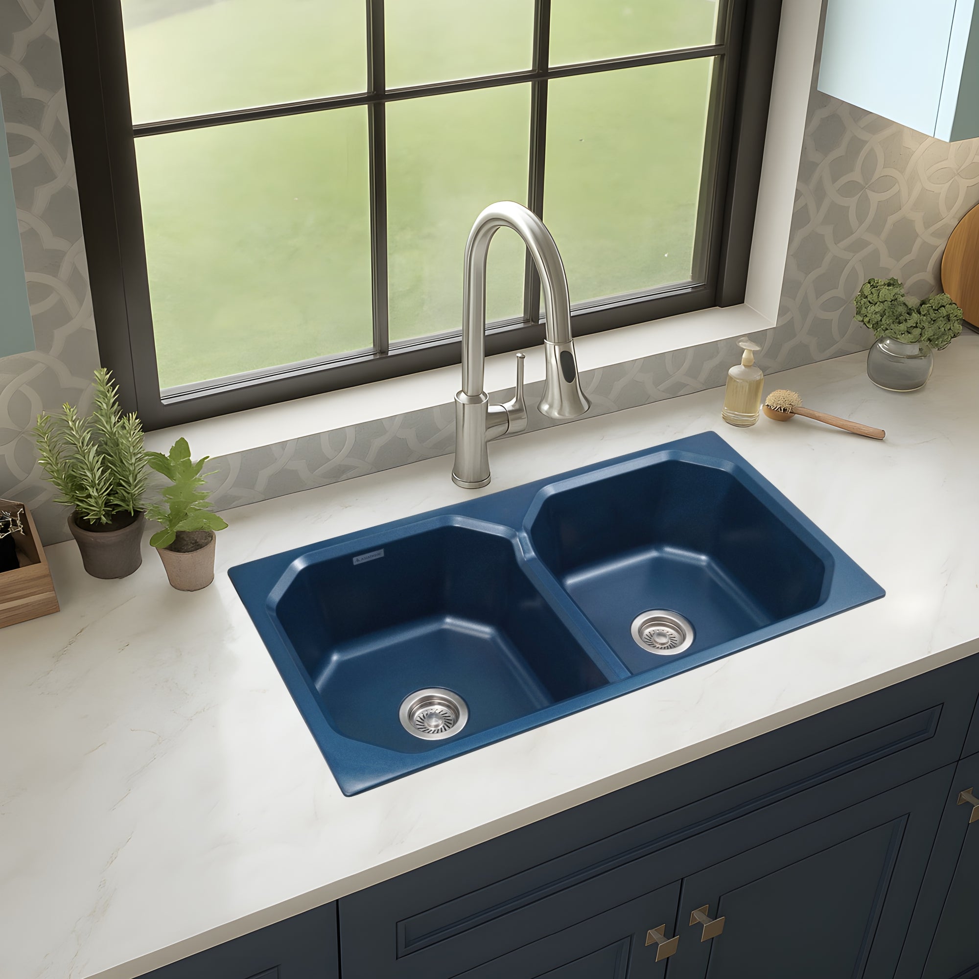 Asiatique Quartz Kitchen Sink D–402 (CARNIVAL) | 37" x 20" | German Quartz Double Bowl | Top, Flush & Under Mount