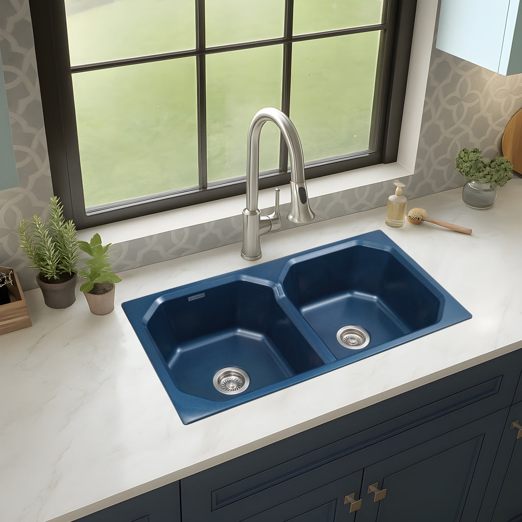 Asiatique Double Bowl Quartz Kitchen Sink (D402 - CARNIVAL), Granite Finish, 304 Grade SS coupling, Slop Drain, Noise Reduction Design | 37 x 20 x 8 inches