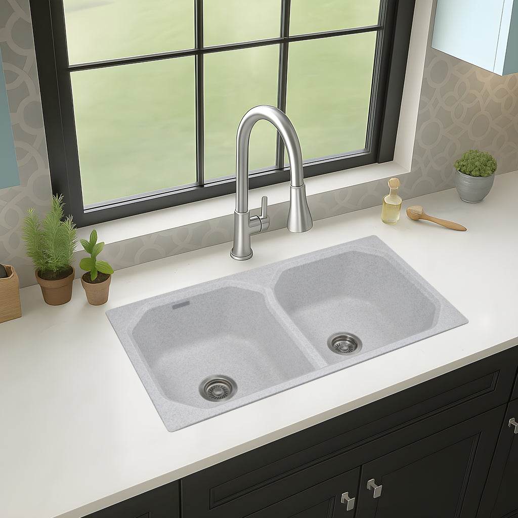 Asiatique Double Bowl Quartz Kitchen Sink (D402 - CARNIVAL), Granite Finish, 304 Grade SS coupling, Slop Drain, Noise Reduction Design | 37 x 20 x 8 inches