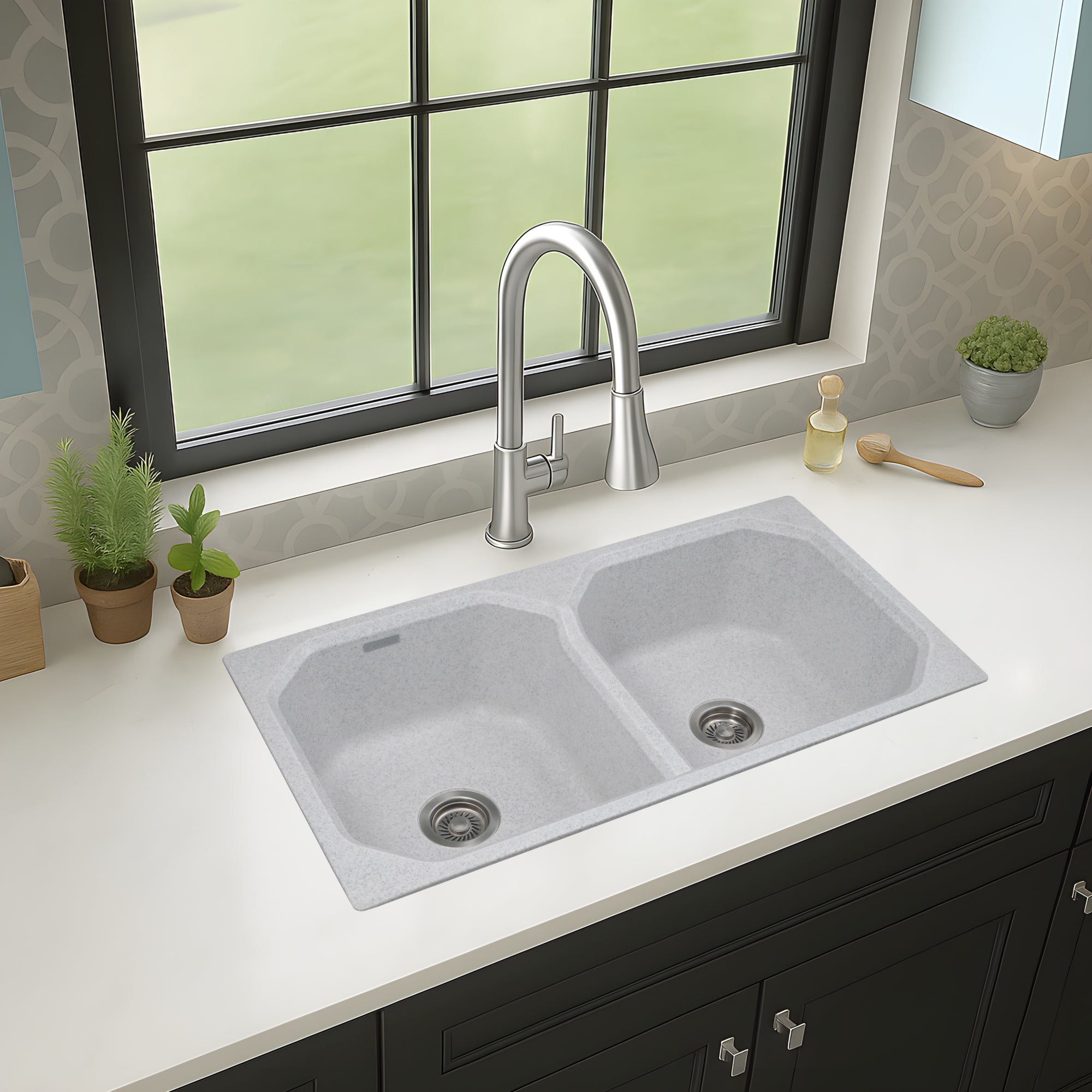 Asiatique Double Bowl Quartz Kitchen Sink (D402 - CARNIVAL), Granite Finish, 304 Grade SS coupling, Slop Drain, Noise Reduction Design | 37 x 20 x 8 inches