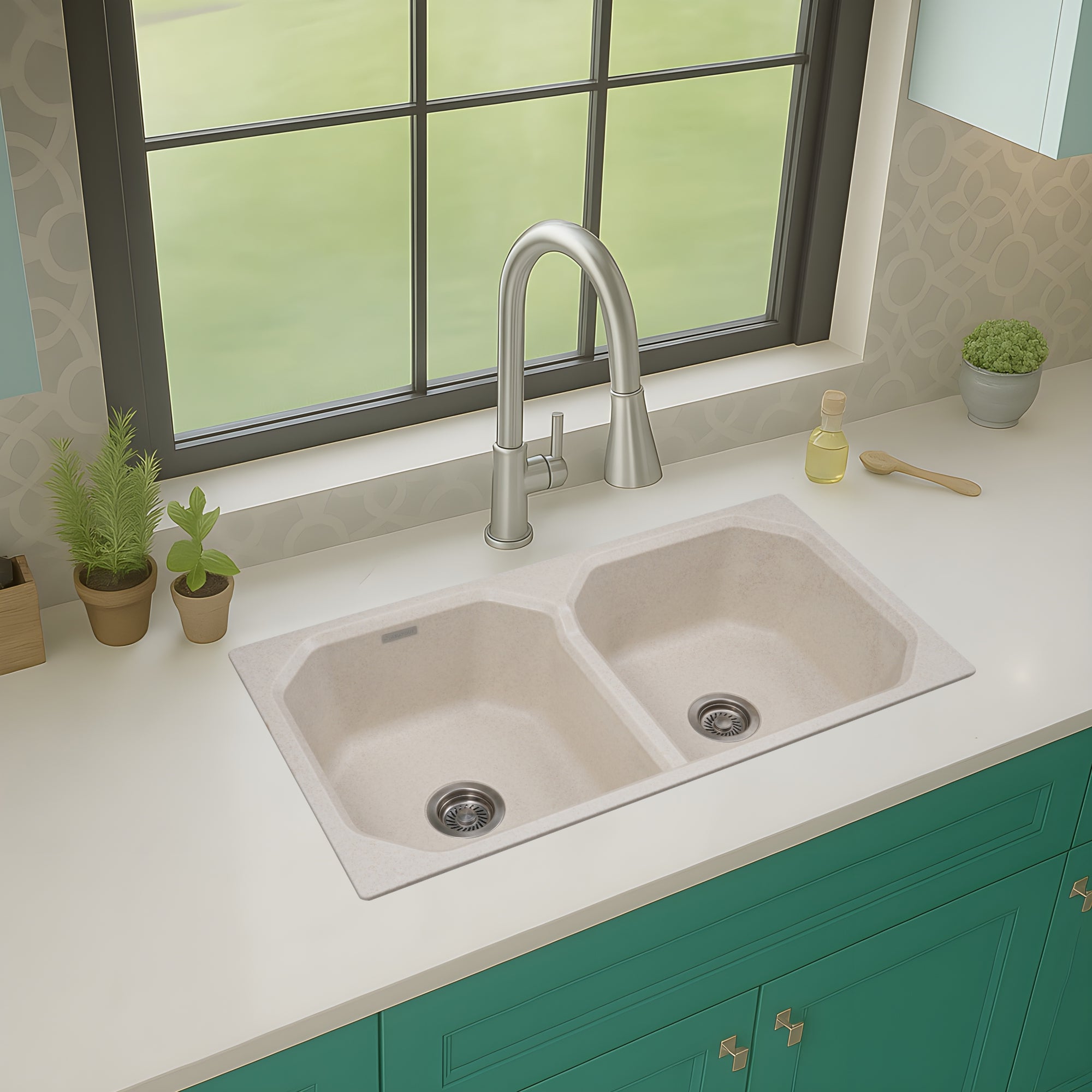 Asiatique Double Bowl Quartz Kitchen Sink (D402 - CARNIVAL), Granite Finish, 304 Grade SS coupling, Slop Drain, Noise Reduction Design | 37 x 20 x 8 inches