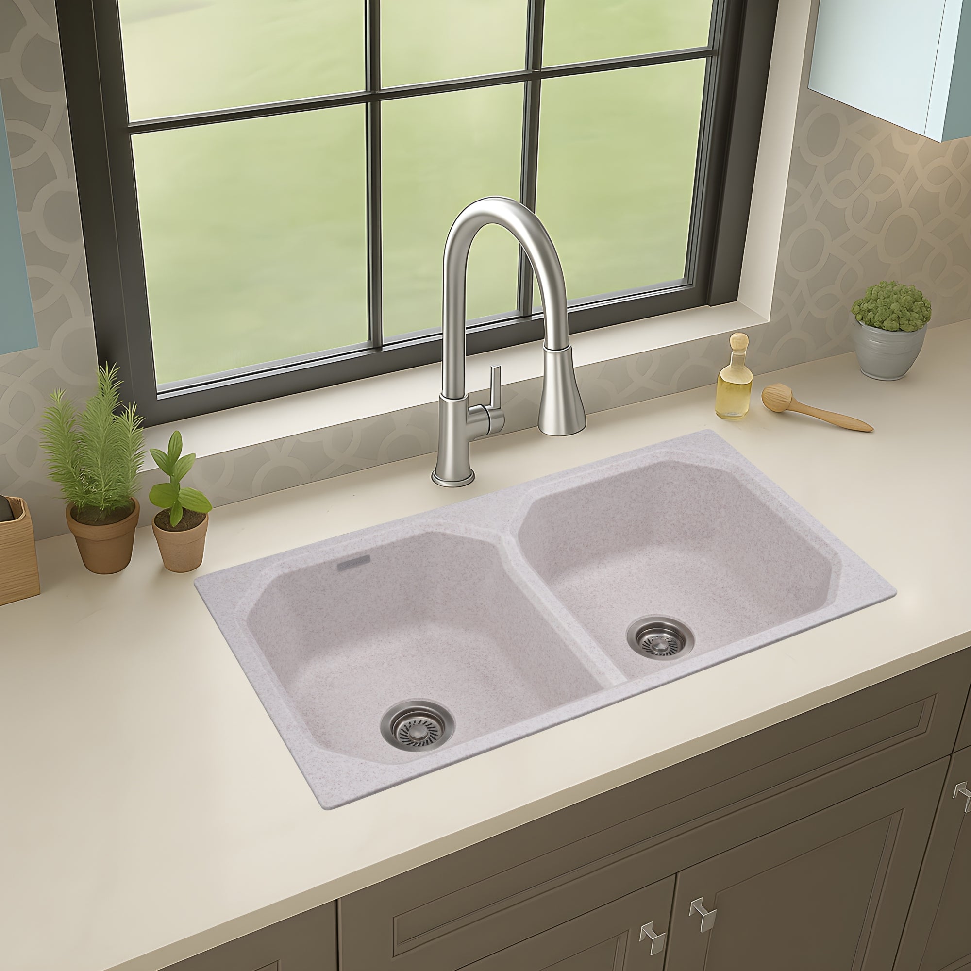 Asiatique Double Bowl Quartz Kitchen Sink (D402 - CARNIVAL), Granite Finish, 304 Grade SS coupling, Slop Drain, Noise Reduction Design | 37 x 20 x 8 inches